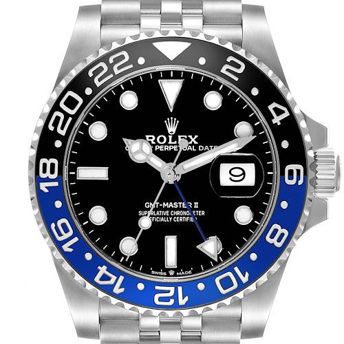 The Rolex GMT-Master II watch is shown from the front, displaying the bezel, dial, hands, and bracelet.