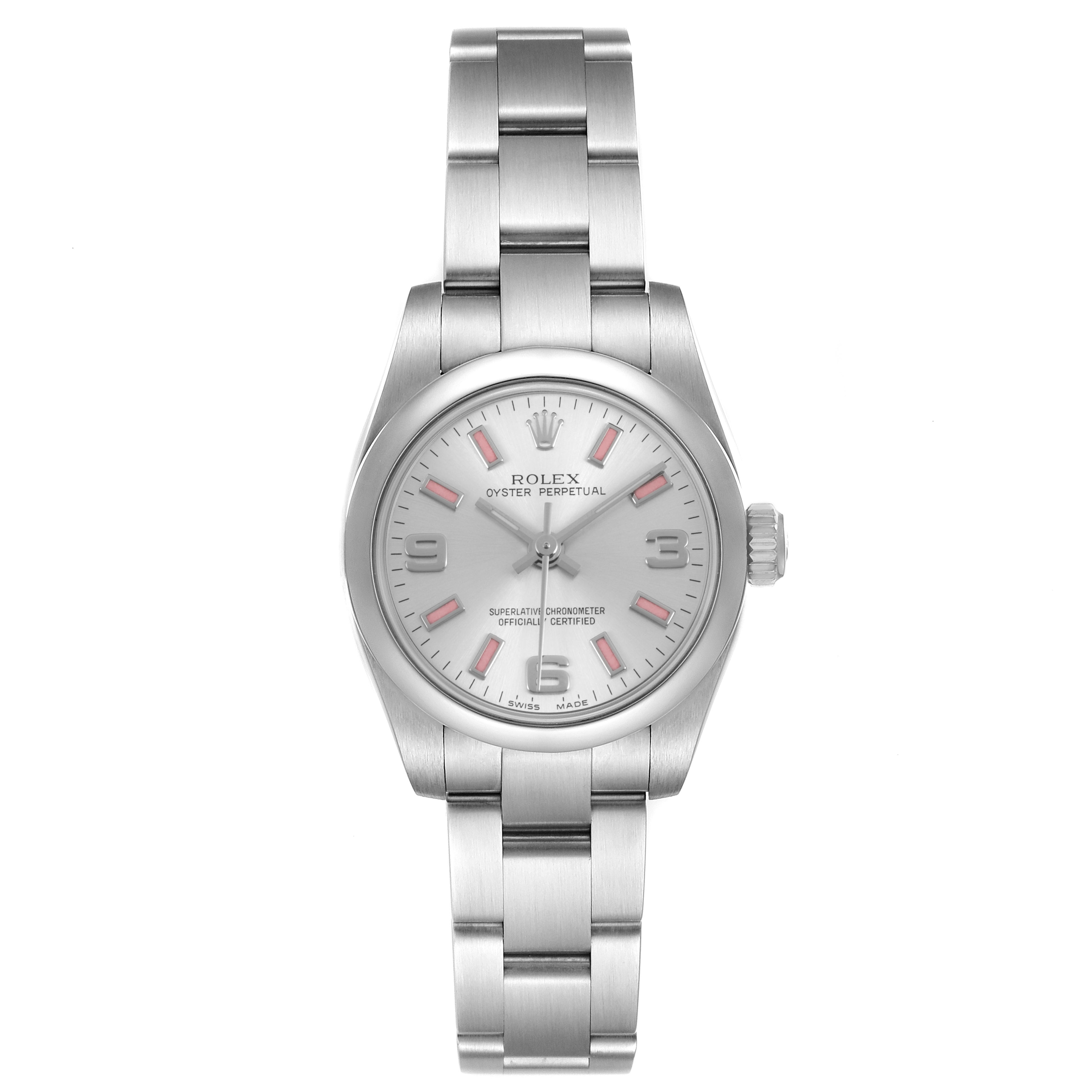 The Rolex Oyster Perpetual 176200 Women's Stainless Steel Silver Dial watch is shown from the front, displaying its face, bracelet, and crown.