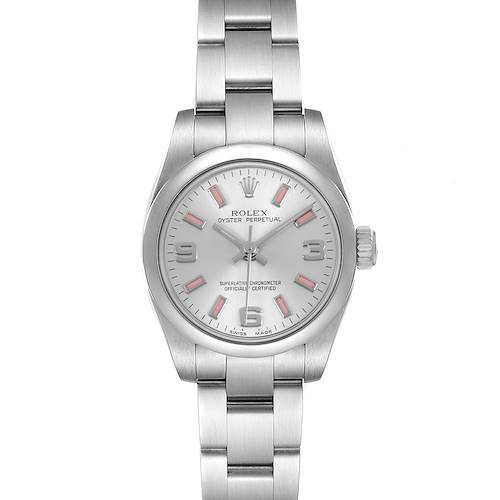 The Rolex Oyster Perpetual 176200 Women's Stainless Steel Silver Dial watch is shown from a front angle, displaying the dial, hands, bezel, and upper bracelet links.