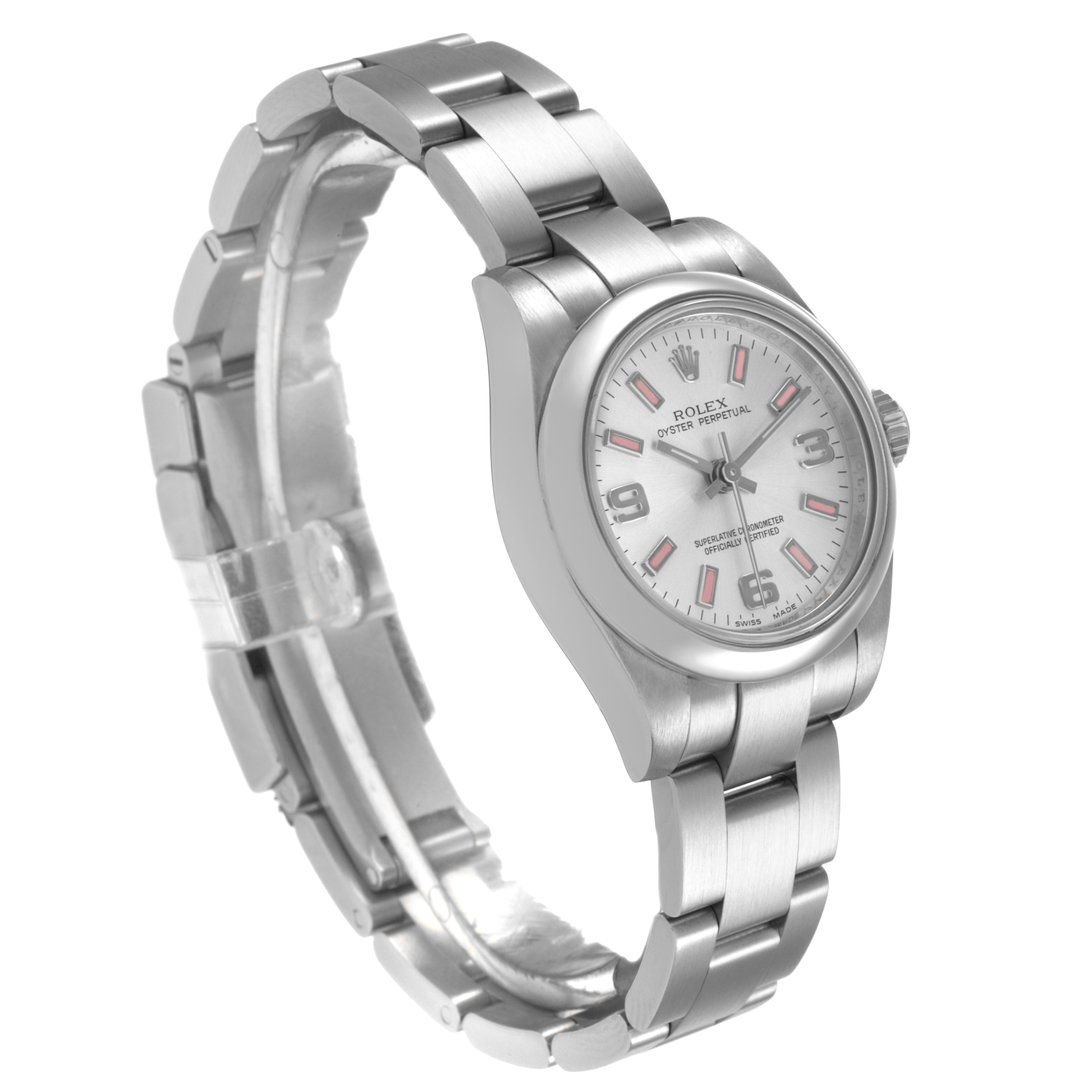 The Rolex Oyster Perpetual 176200 Women's Stainless Steel Silver Dial watch is shown at a three-quarter angle, displaying the face, bracelet, and clasp.