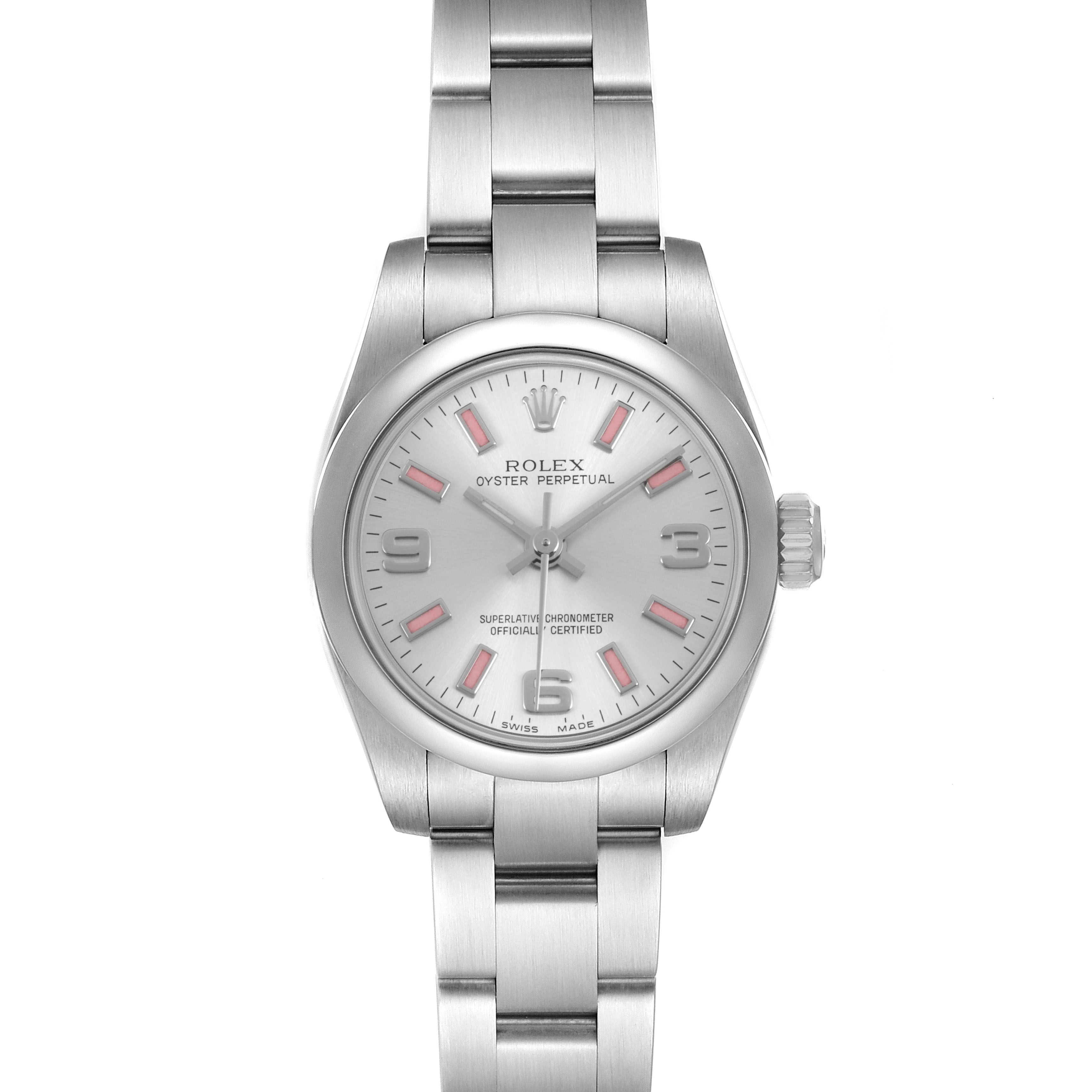 The Rolex Oyster Perpetual 176200 Women's Stainless Steel Silver Dial watch is shown from a front angle, displaying its dial, case, bracelet, and crown.