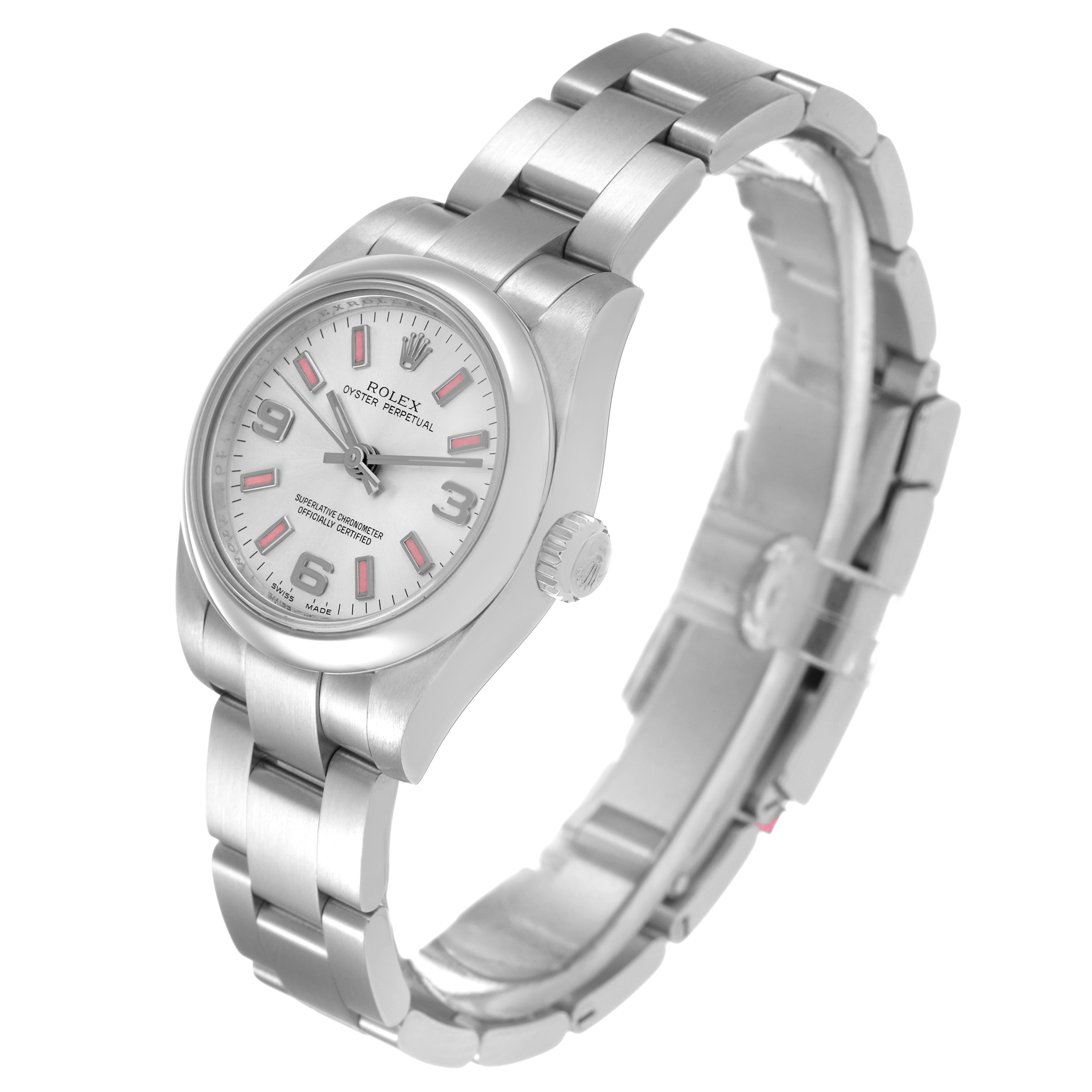 The Rolex Oyster Perpetual 176200 Women's Stainless Steel Silver Dial watch is shown at a slight angle, displaying the face, bezel, crown, and bracelet.