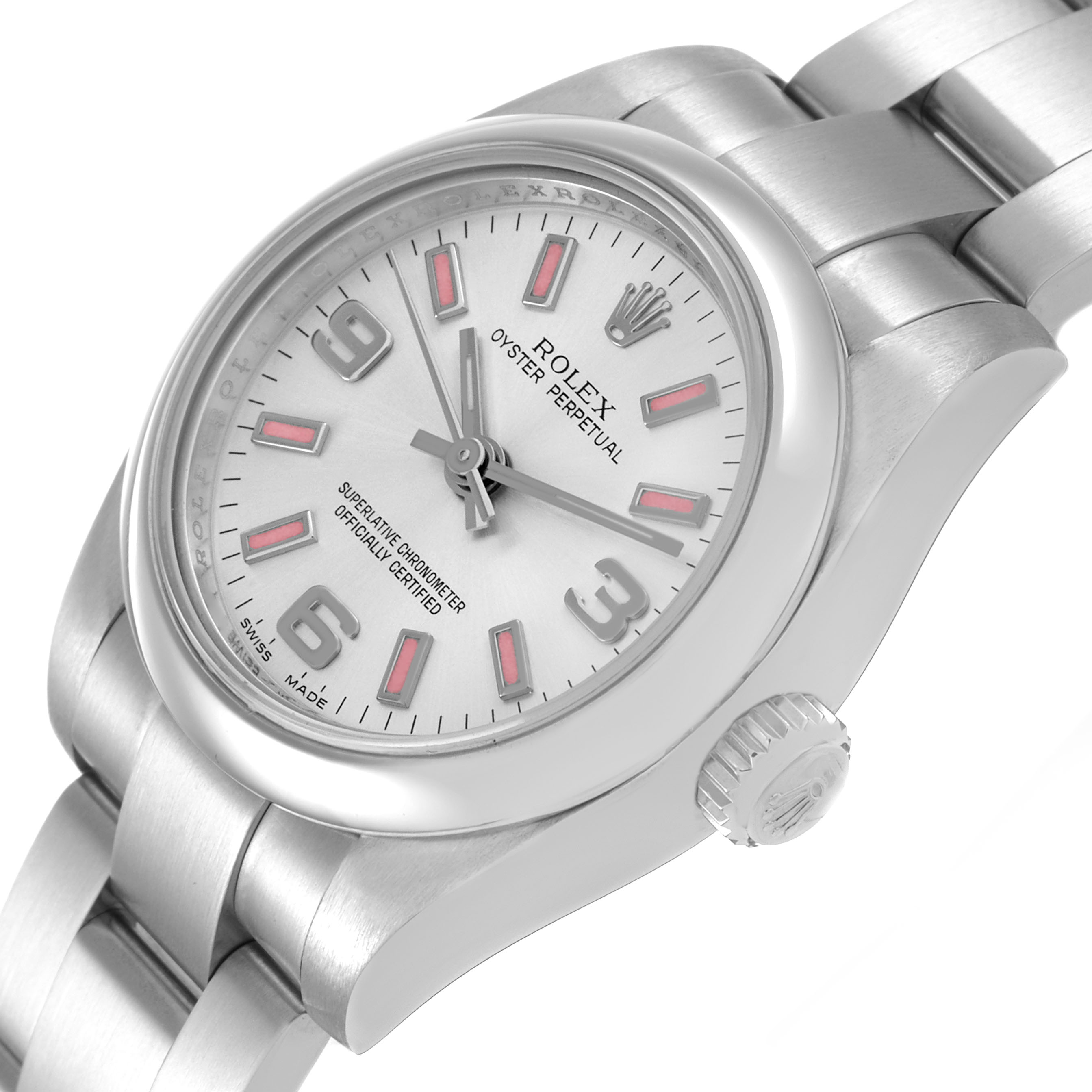 The Rolex Oyster Perpetual 176200 Women's Stainless Steel Silver Dial watch is shown at a slight angle, highlighting the dial, crown, and part of the bracelet.