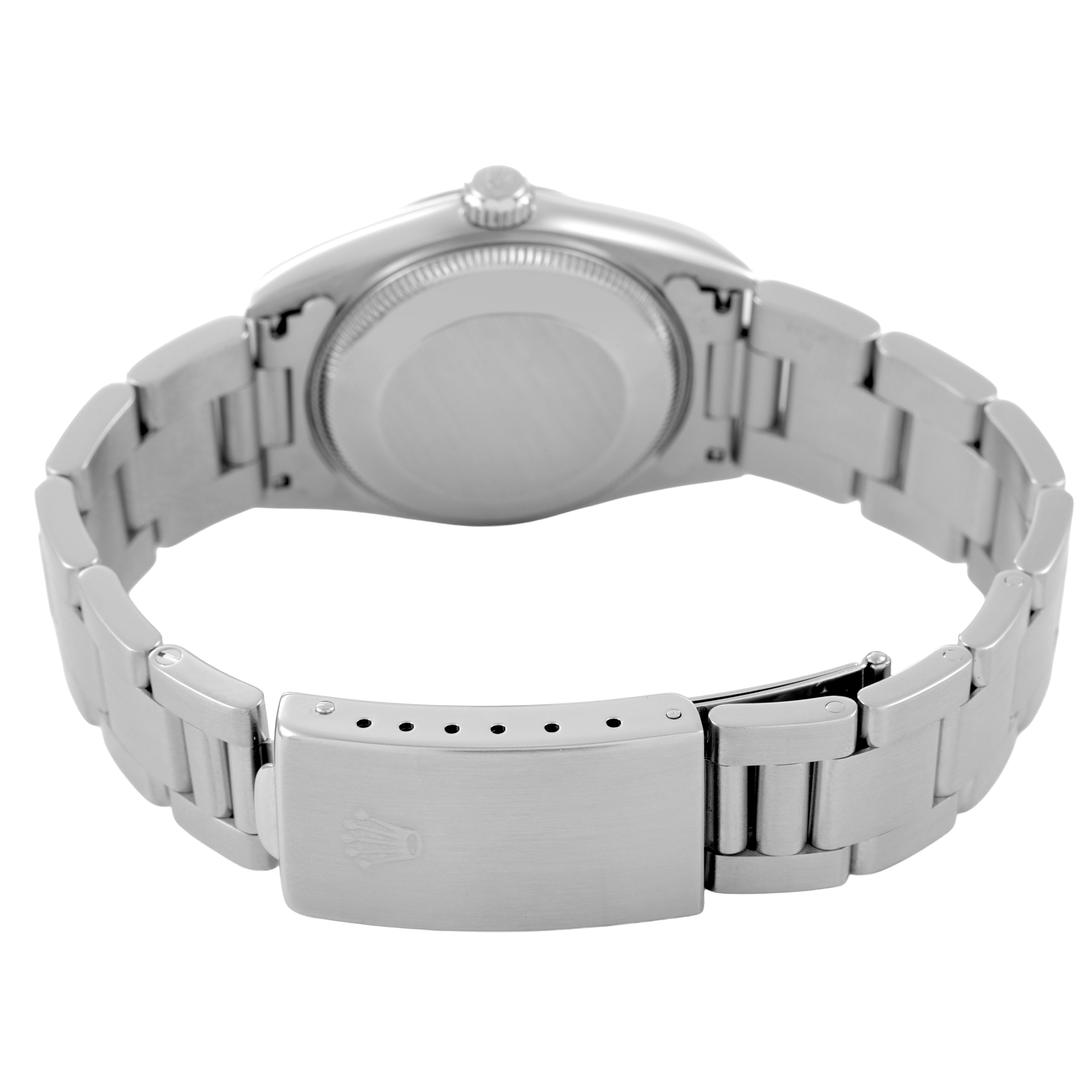 The image shows the back of a Mid-Size Rolex watch, highlighting the case back, bracelet, and clasp.