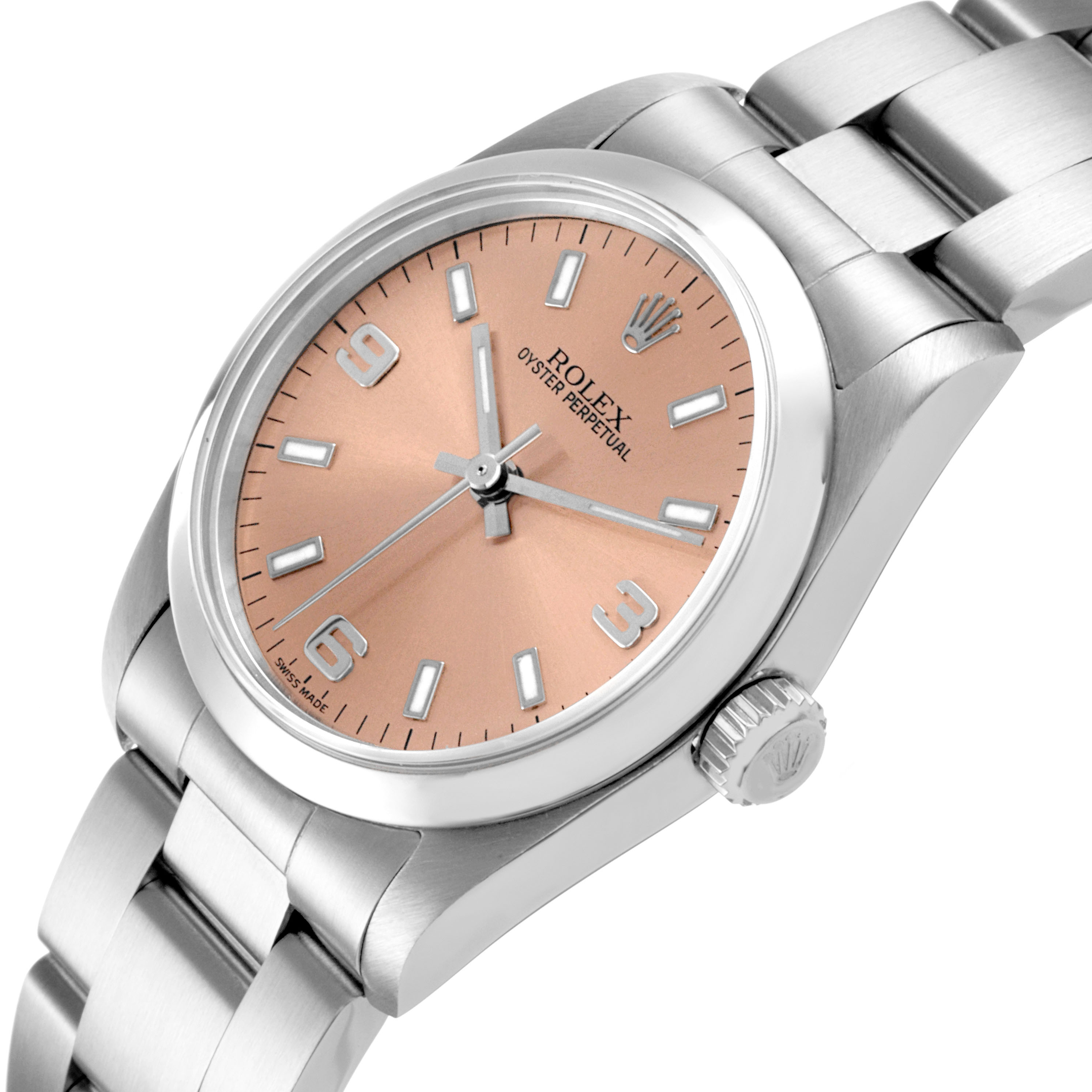 The Rolex Mid-Size 77080 Women's Stainless Steel Pink Dial watch is shown at a three-quarter angle, highlighting the dial, crown, and bracelet.