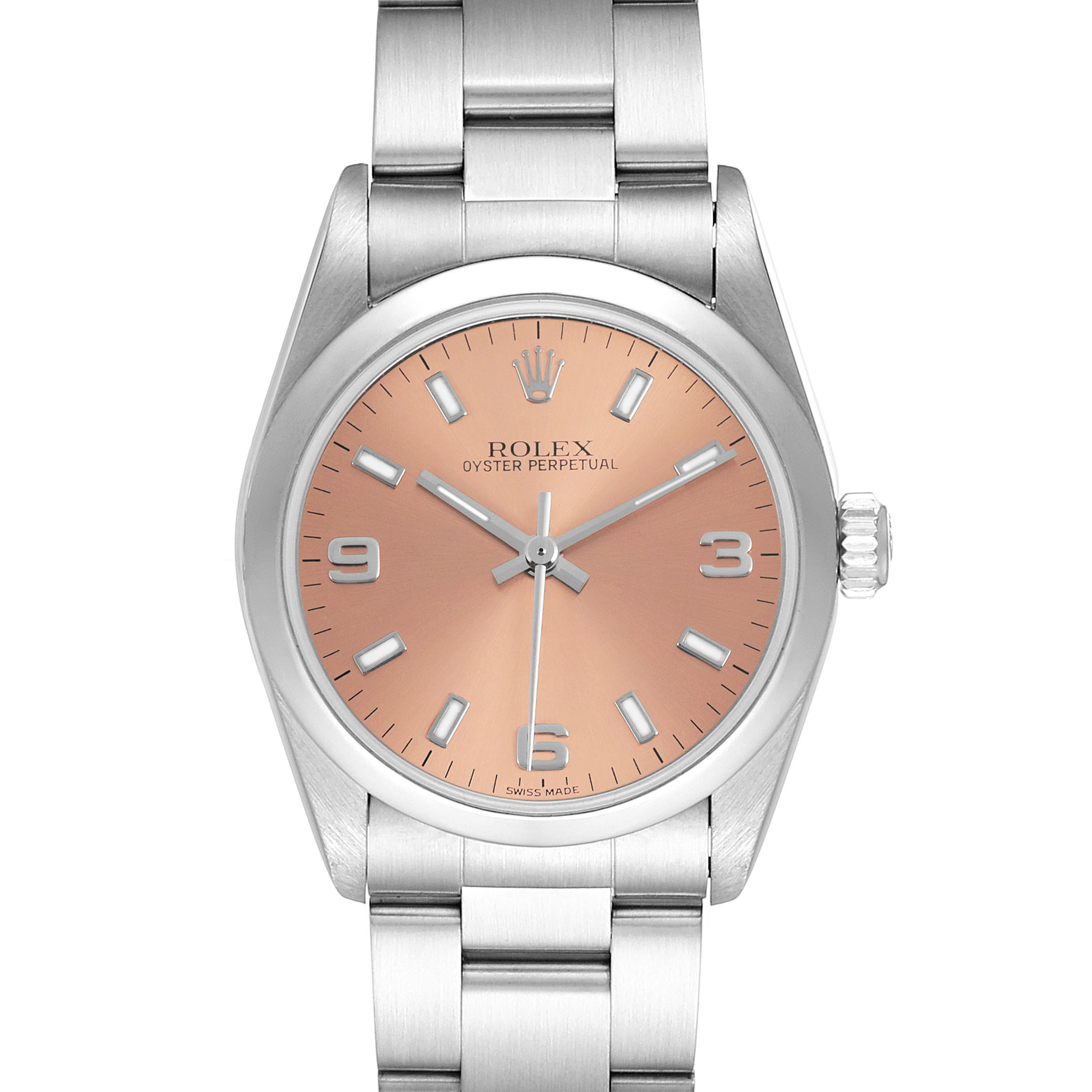 The Rolex Mid-Size 77080 Women's Stainless Steel Pink Dial Oyster Perpetual watch is shown from the front, displaying the dial, crown, bezel, and bracelet.