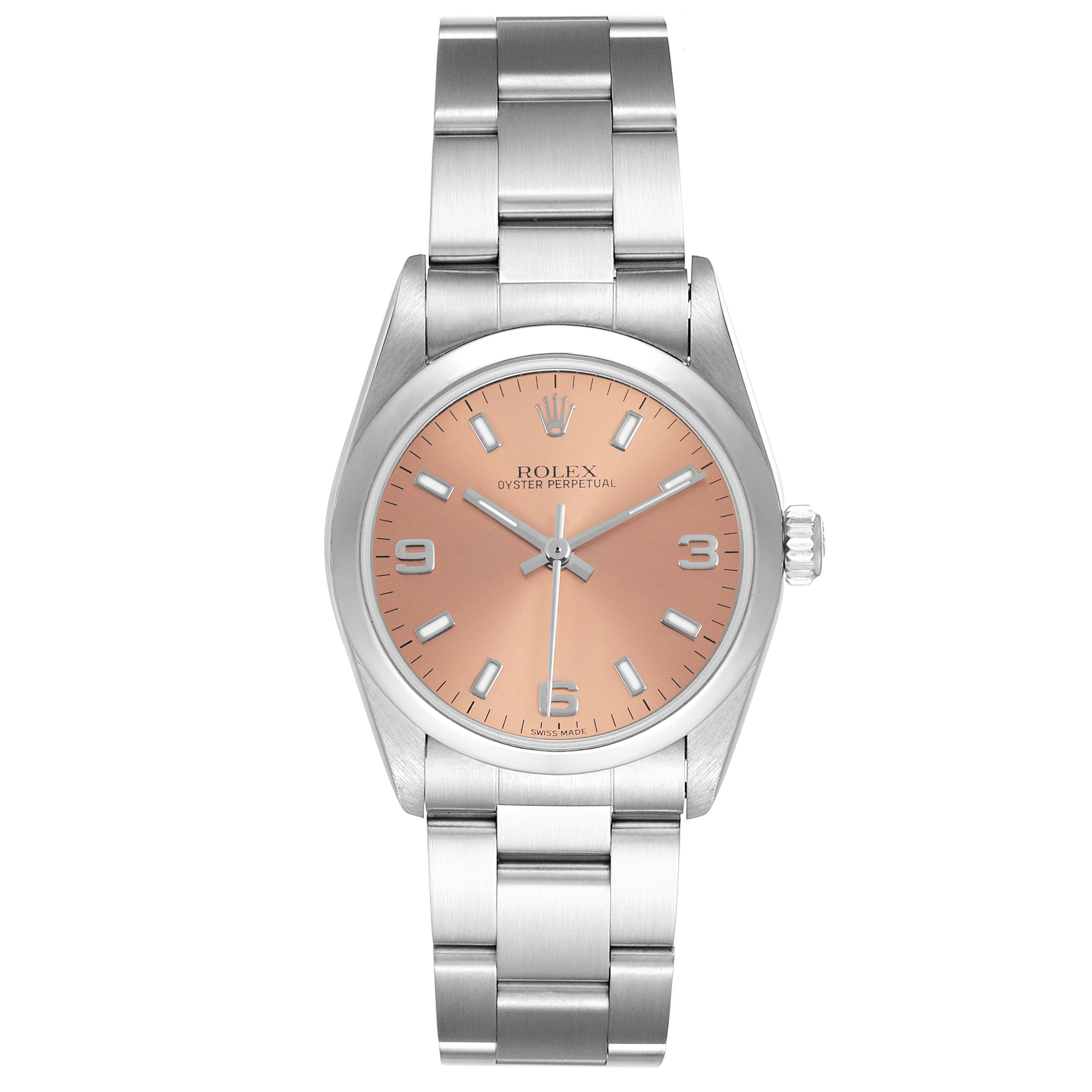 The Rolex Mid-Size 77080 Women's Stainless Steel Pink Dial model is shown from a top-down angle, displaying its dial, bezel, and stainless steel bracelet.