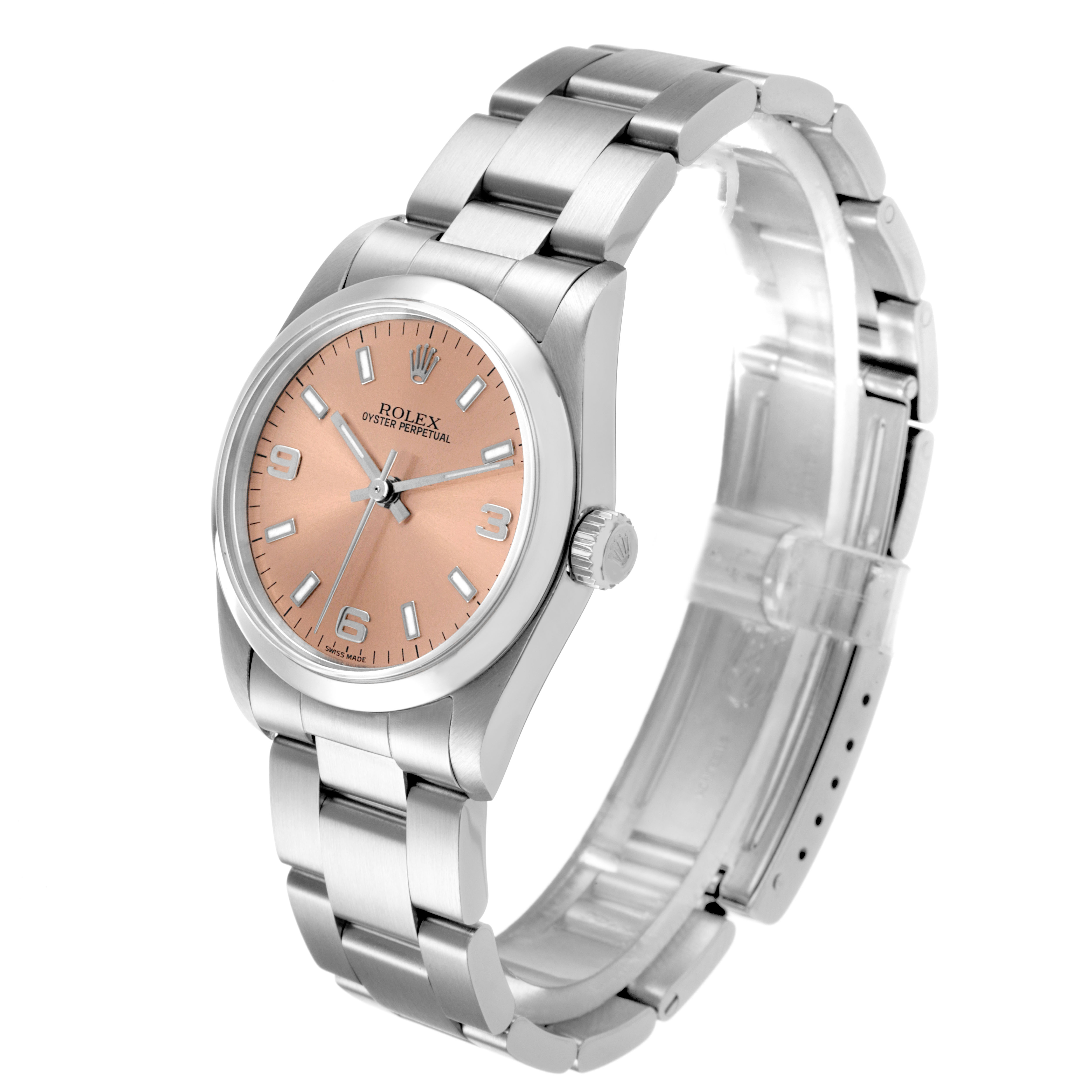 The Rolex Mid-Size 77080 Women's Stainless Steel Pink Dial watch is shown at a three-quarter angle, highlighting its pink dial, bezel, crown, and stainless steel bracelet.