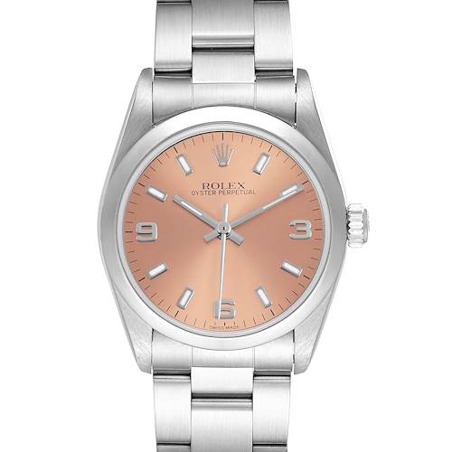 The Rolex Mid-Size 77080 Women's Stainless Steel Pink Dial Oyster Perpetual is shown from the front, displaying its dial, hands, bezel, and part of the bracelet.