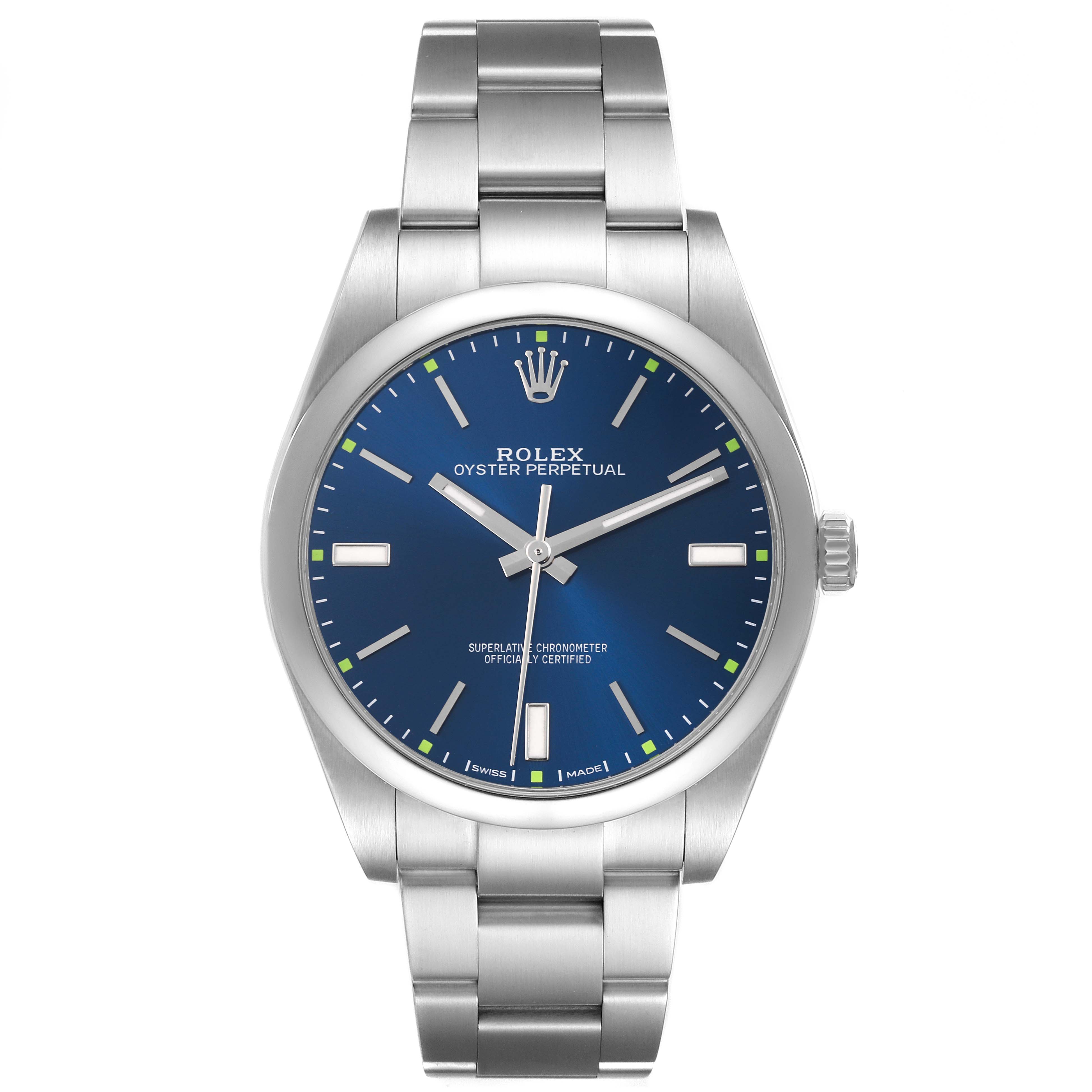 The Rolex Oyster Perpetual 114300 Men's Stainless Steel Blue Dial 114300 Men's Stainless Steel Blue Dial watch is shown from a front angle, displaying the dial, case, bracelet, and crown.