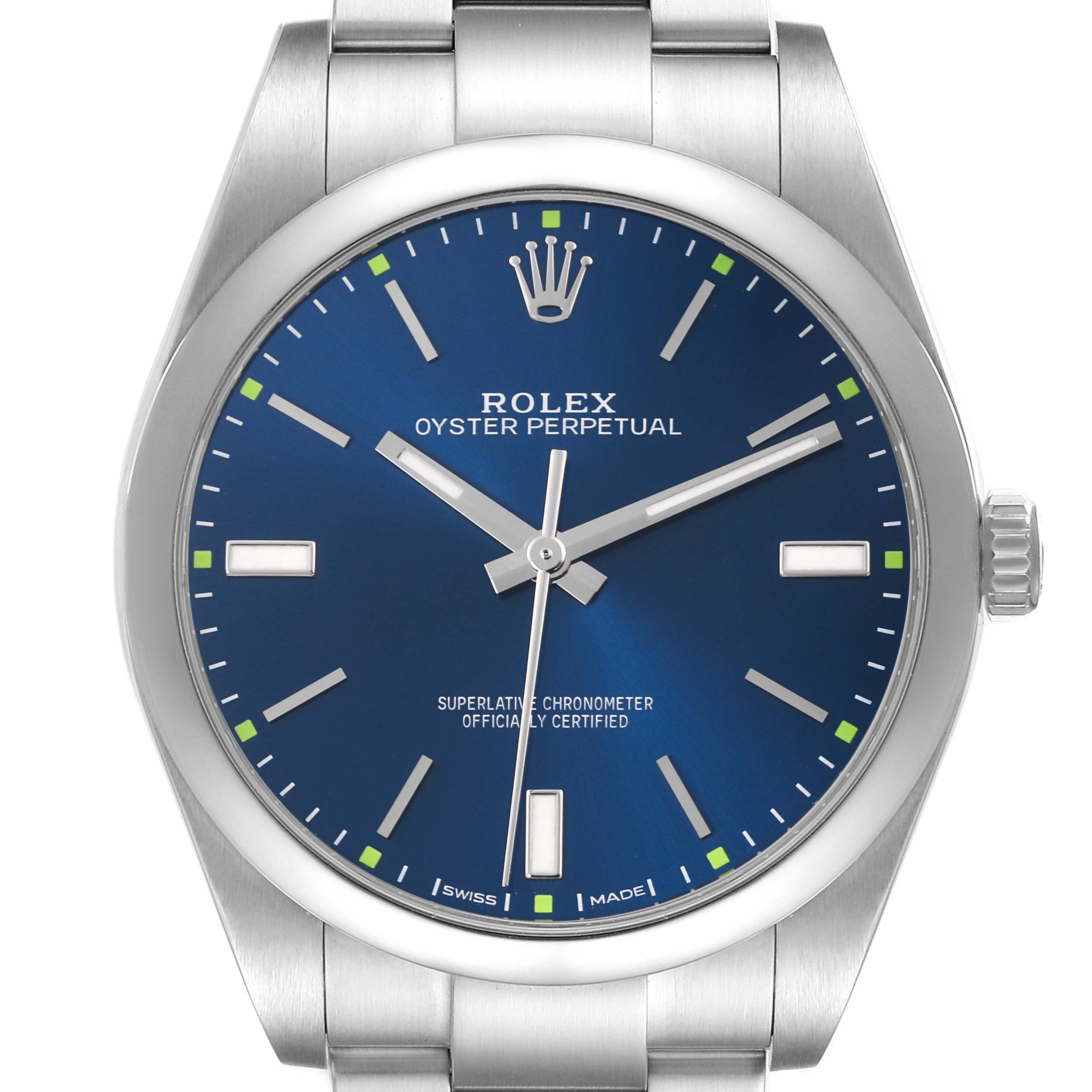 The Rolex Oyster Perpetual 114300 Men's Stainless Steel Blue Dial 114300 Men's Stainless Steel Blue Dial watch is shown from the front, displaying its blue dial, silver markers, hands, and part of the bracelet.