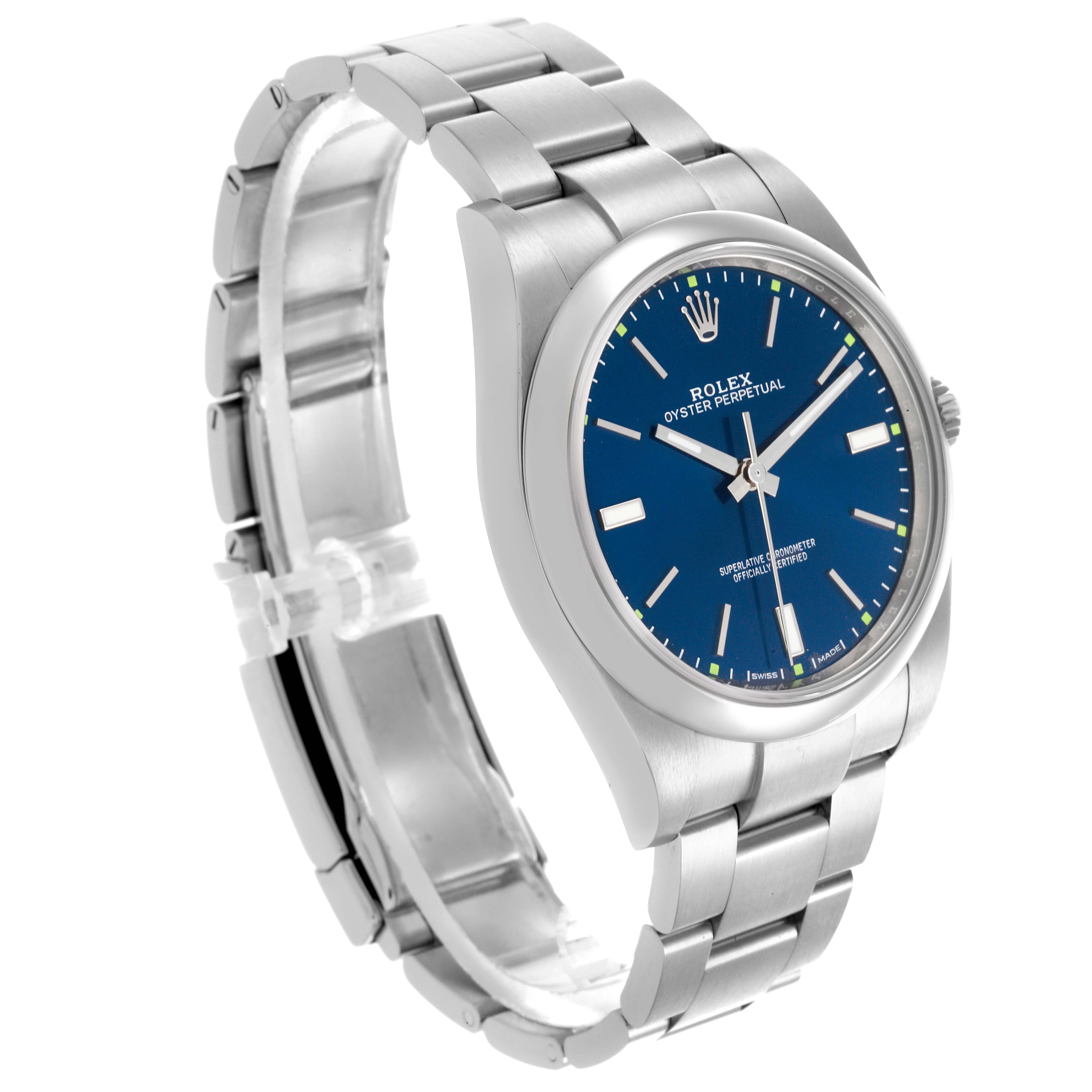 The Rolex Oyster Perpetual 114300 Men's Stainless Steel Blue Dial 114300 Men's Stainless Steel Blue Dial watch is shown at a three-quarter angle, displaying the face, bezel, and bracelet.