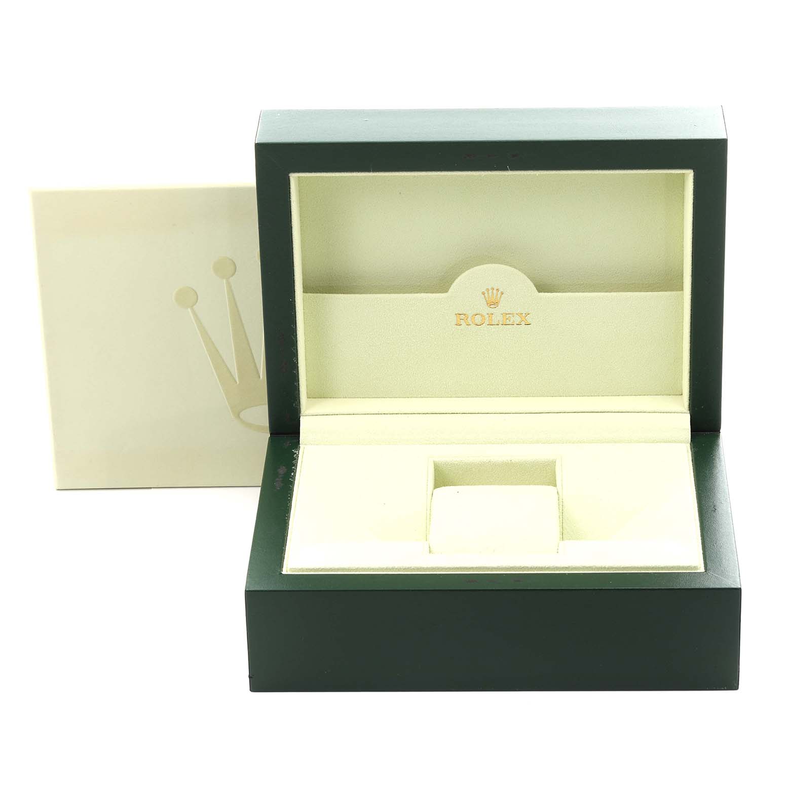 The image shows an open Rolex Oyster Perpetual 114300 Men's Stainless Steel Blue Dial 114300 Men's Stainless Steel Blue Dial watch box with a green exterior and cream interior, viewed from the front.