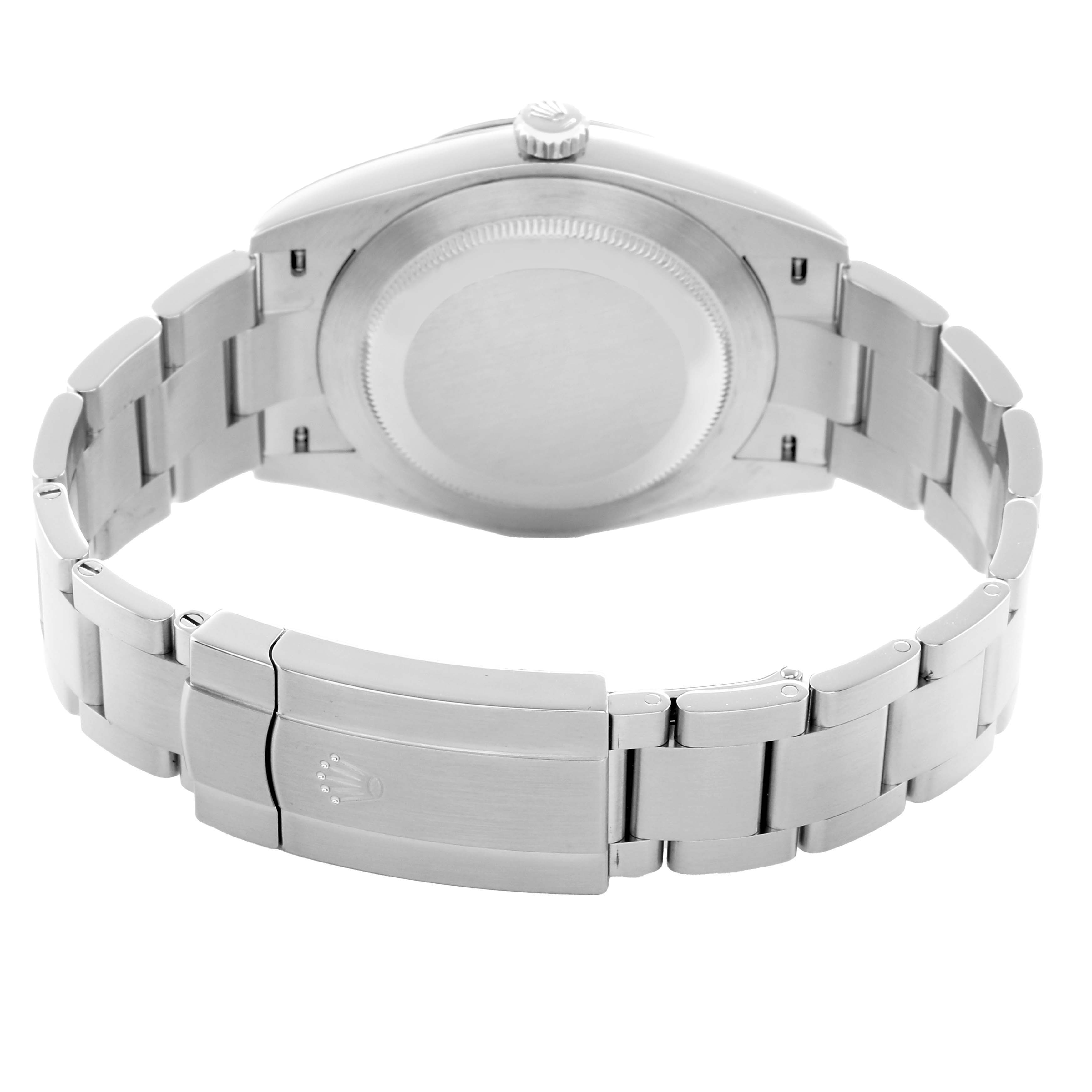 This image shows the back and clasp of a Rolex Oyster Perpetual 124300 Men
s Stainless Steel Silver Dial watch from a rear angle.