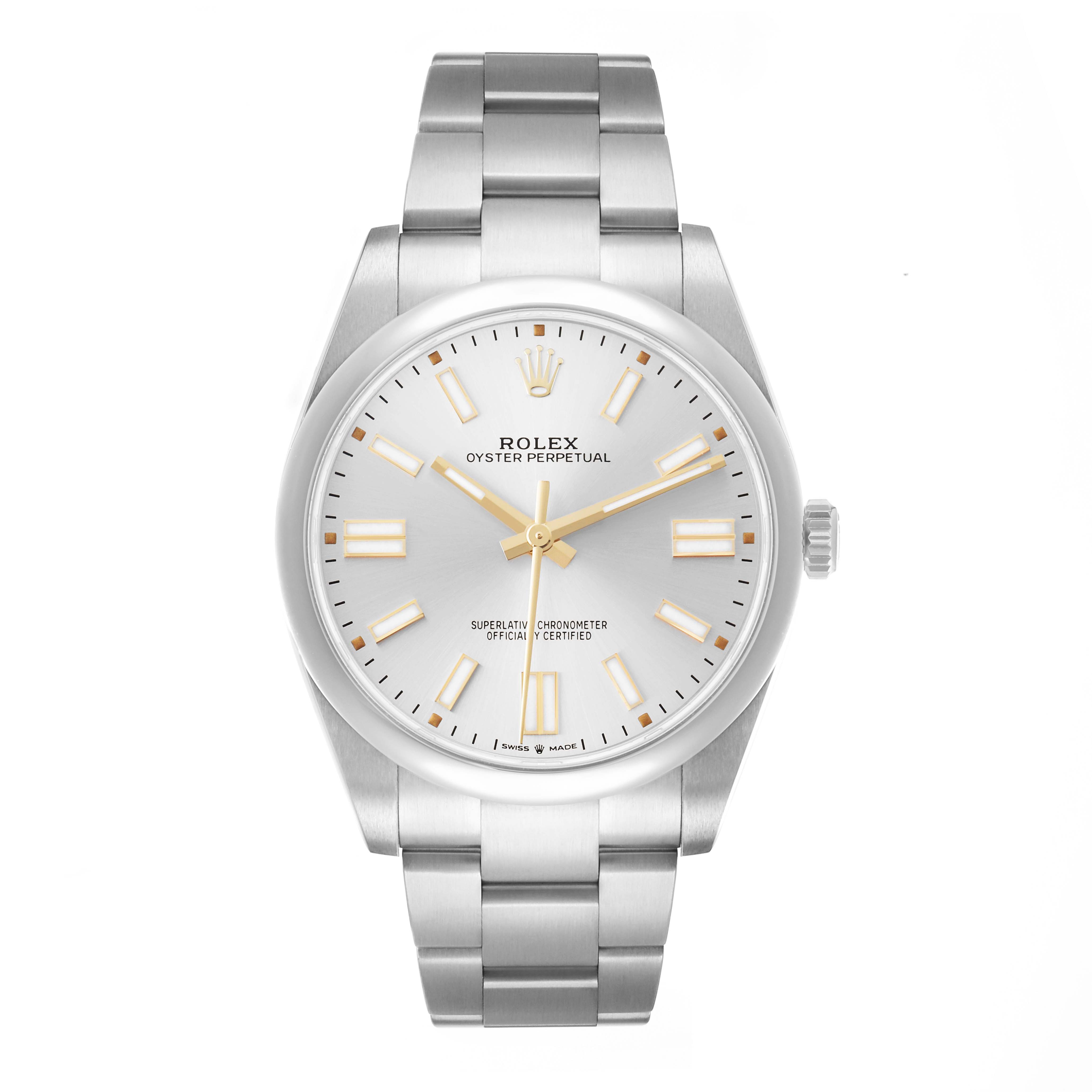 The Rolex Oyster Perpetual 124300 Men
s Stainless Steel Silver Dial watch is shown from a front angle, displaying its face, bezel, and bracelet.