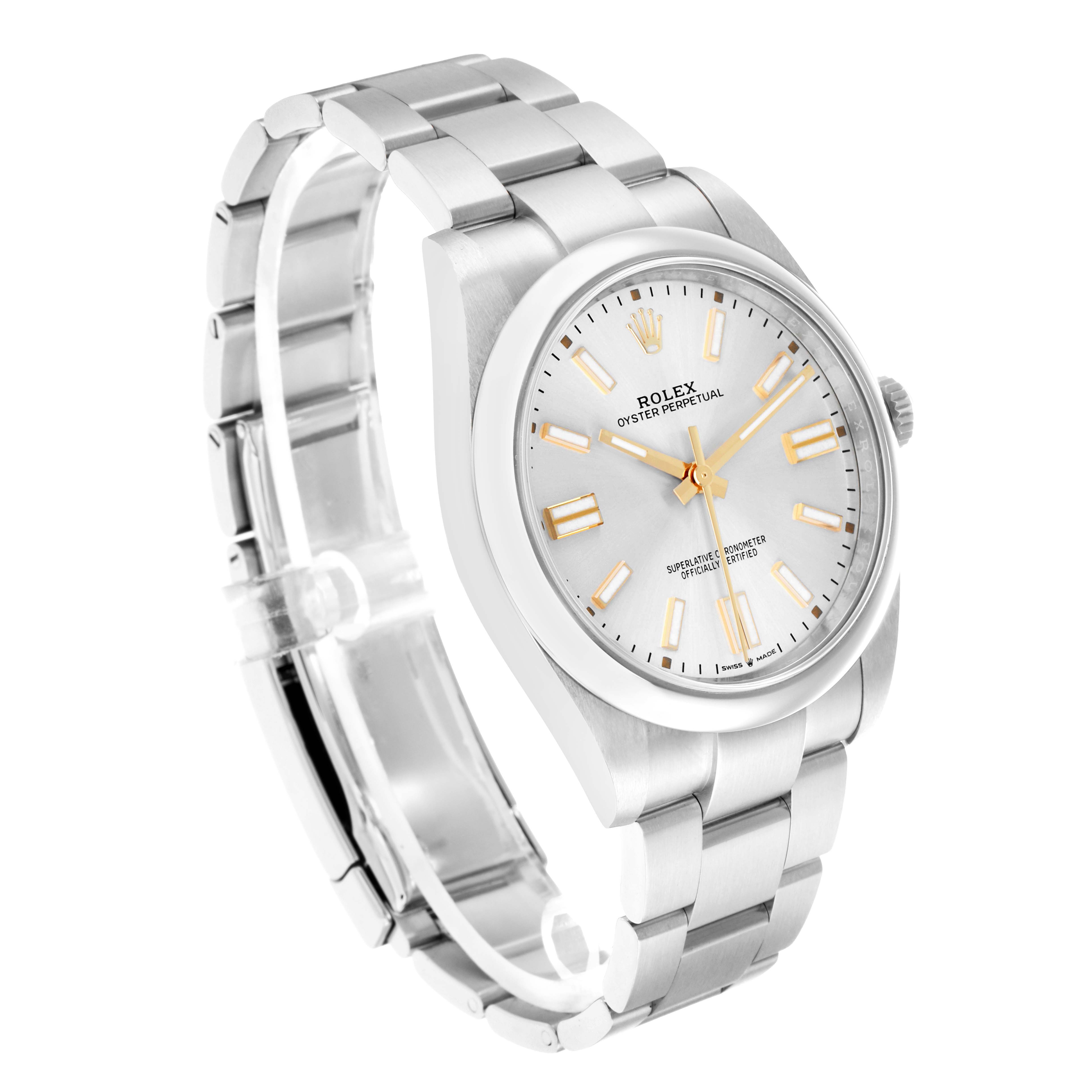 The Rolex Oyster Perpetual 124300 Men
s Stainless Steel Silver Dial watch is shown at a three-quarter angle, highlighting the dial, bezel, and bracelet.