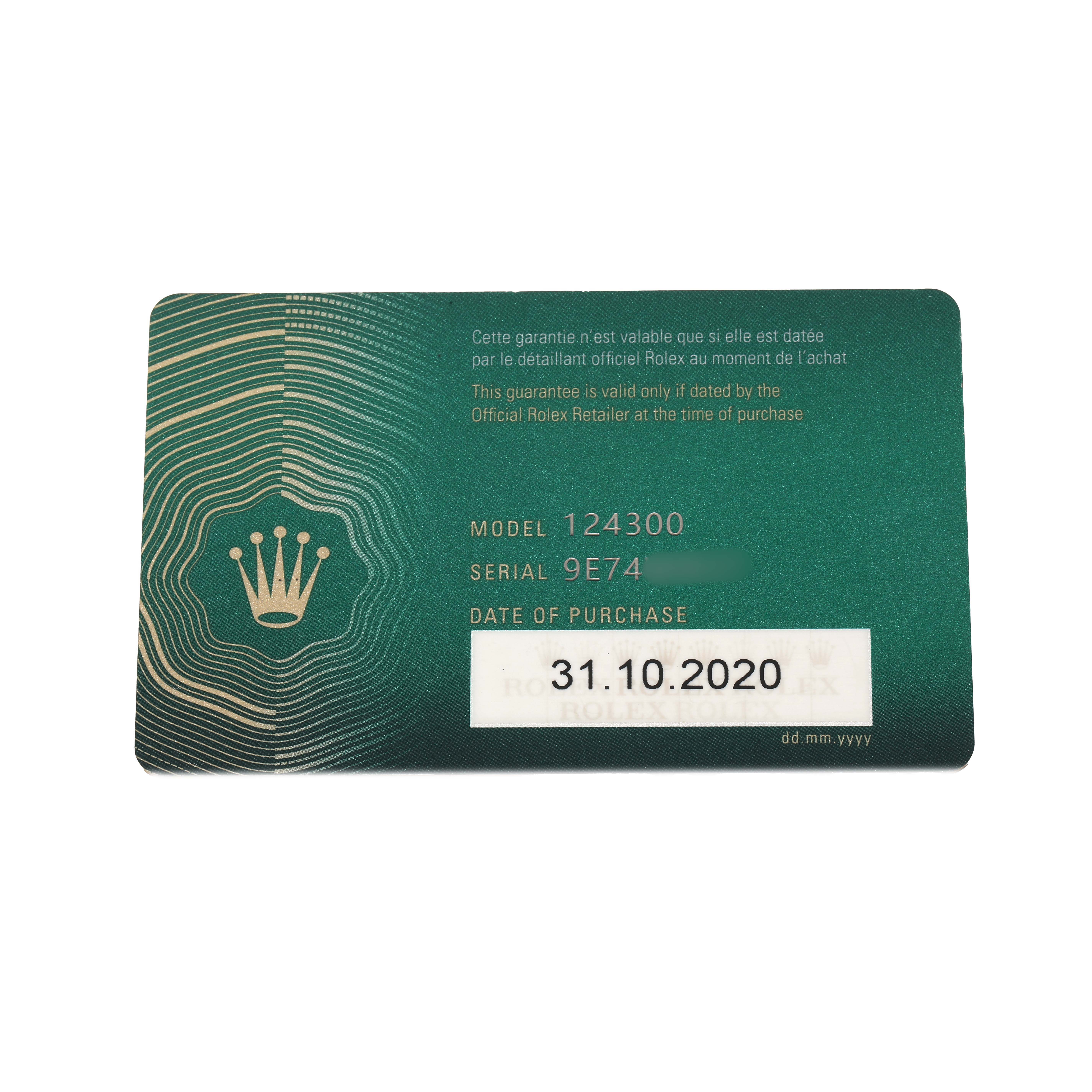 The image shows the warranty card for the Rolex Oyster Perpetual 124300 Men
s Stainless Steel Silver Dial model 124300.