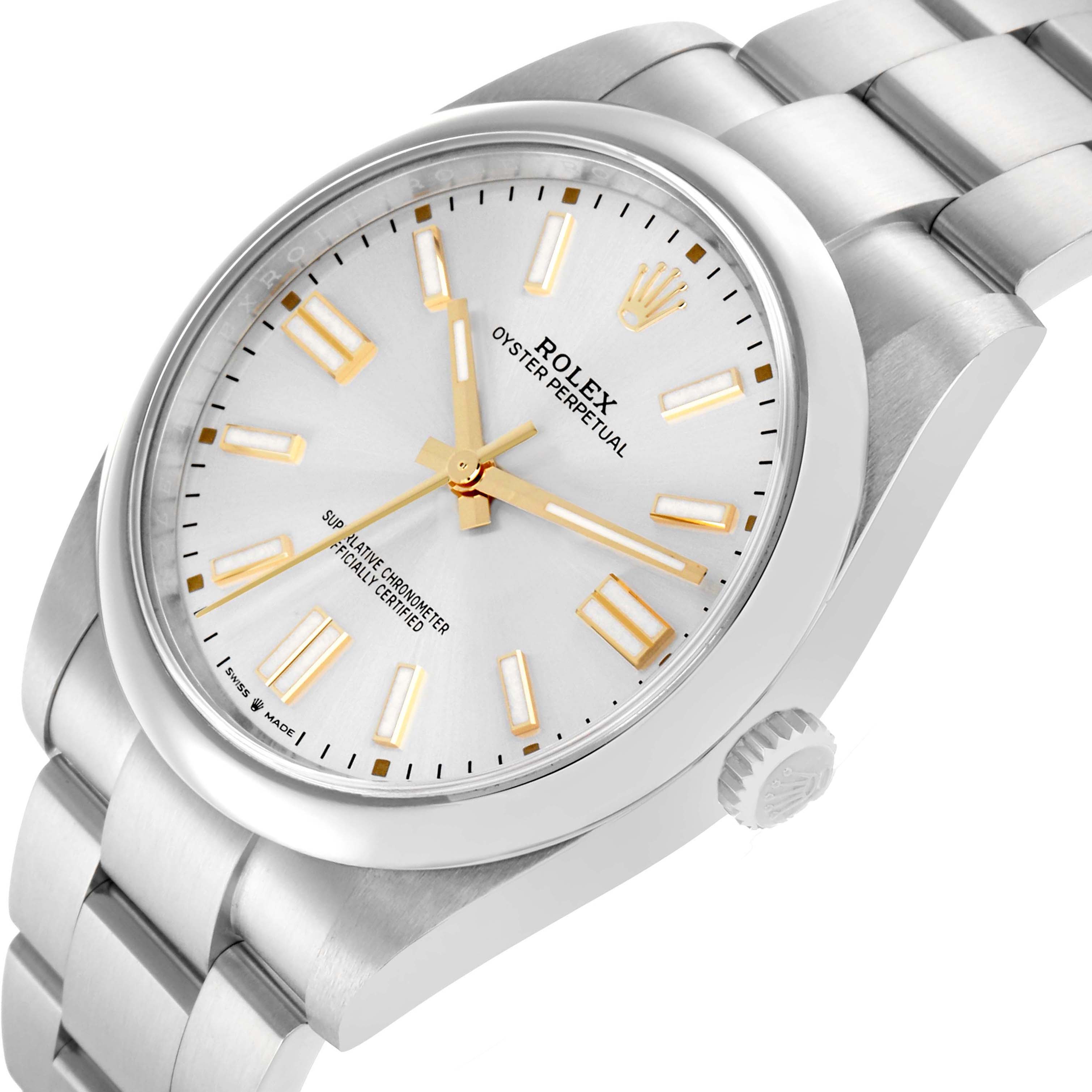 The Rolex Oyster Perpetual 124300 Men
s Stainless Steel Silver Dial watch is shown at a slight angle, displaying its face, bracelet, crown, and bezel.
