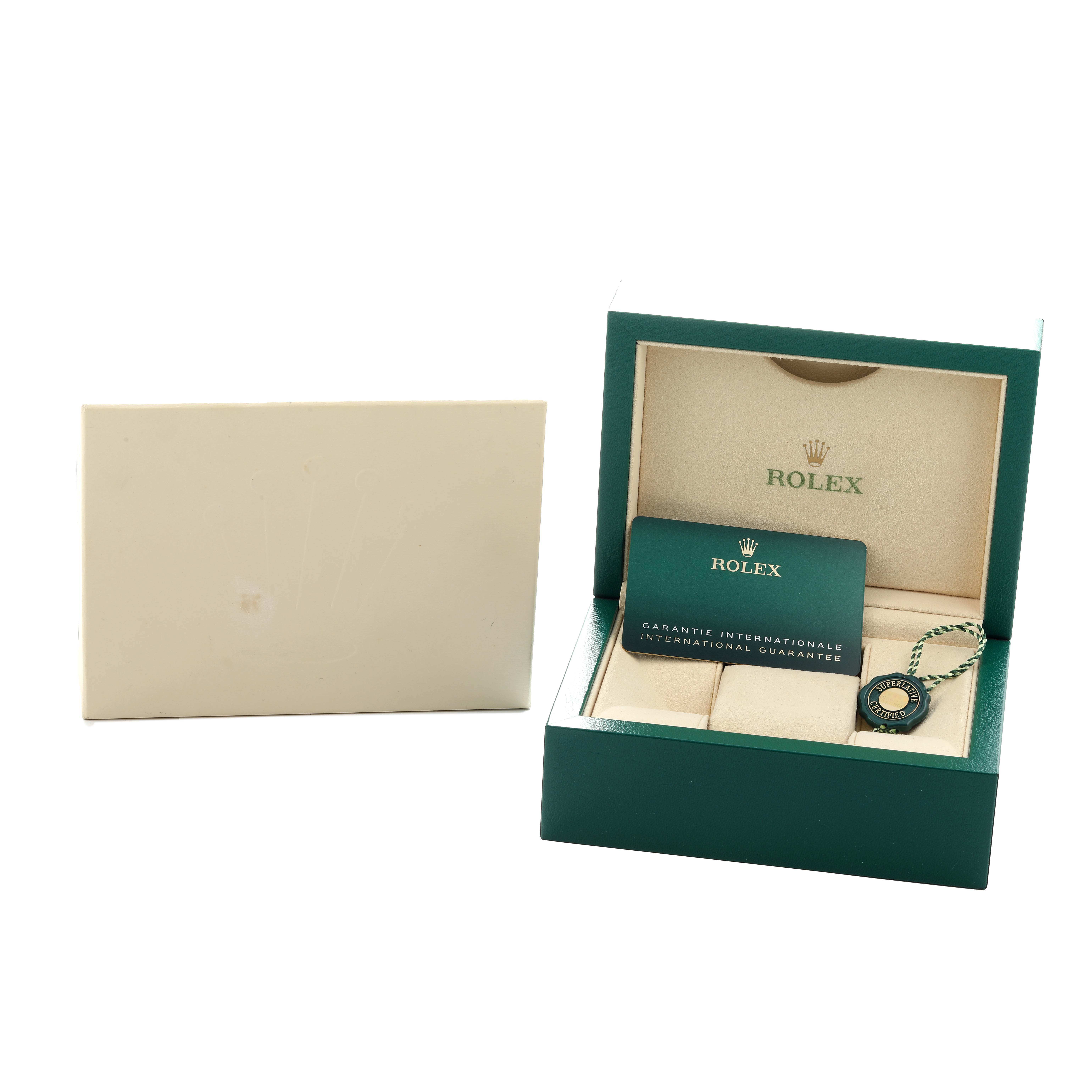 The image shows a Rolex Oyster Perpetual 124300 Men
s Stainless Steel Silver Dial watch box, guarantee card, and tag from a front angle.