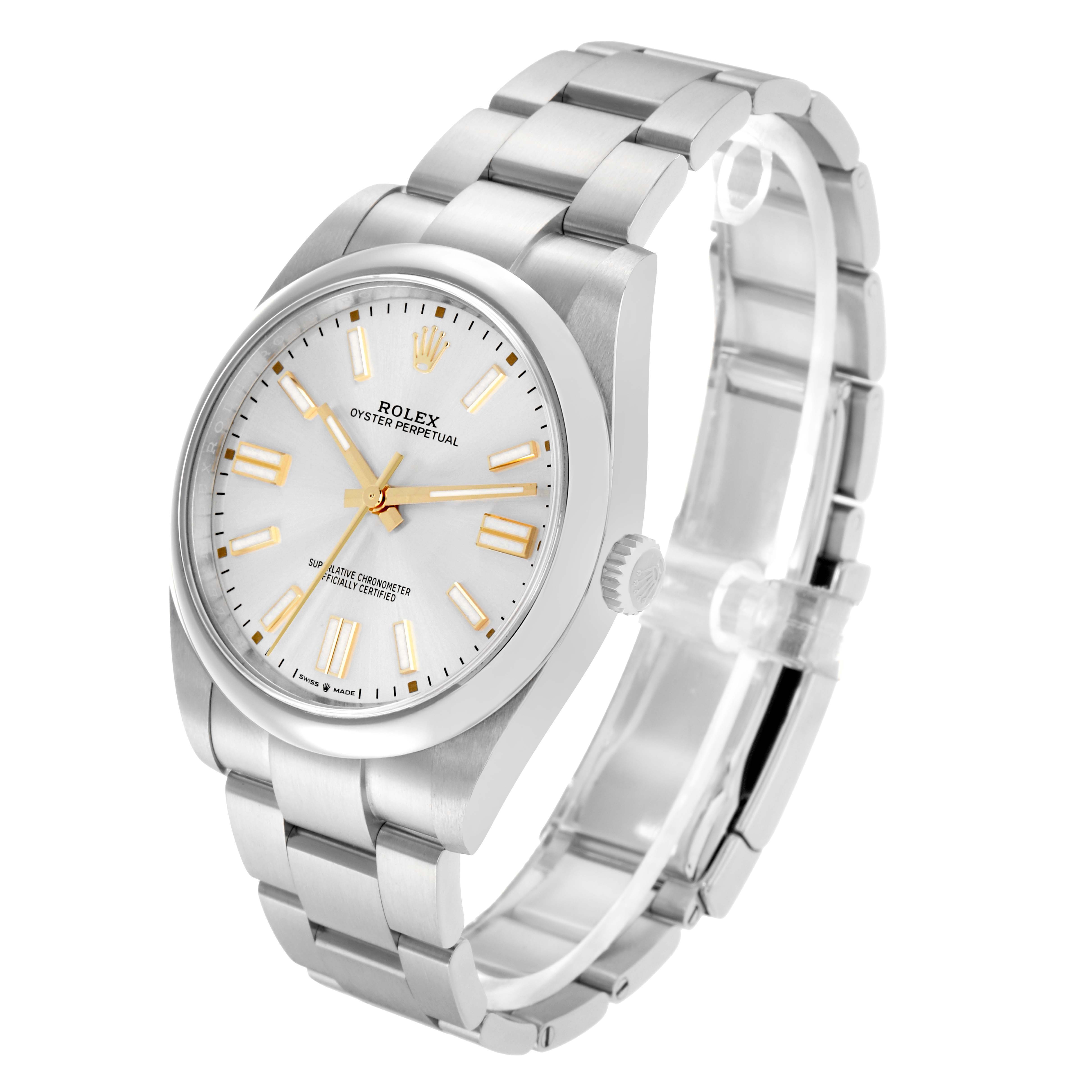 The Rolex Oyster Perpetual 124300 Men
s Stainless Steel Silver Dial watch is shown at a slight angle, displaying its bracelet, crown, and face with gold hour markers.