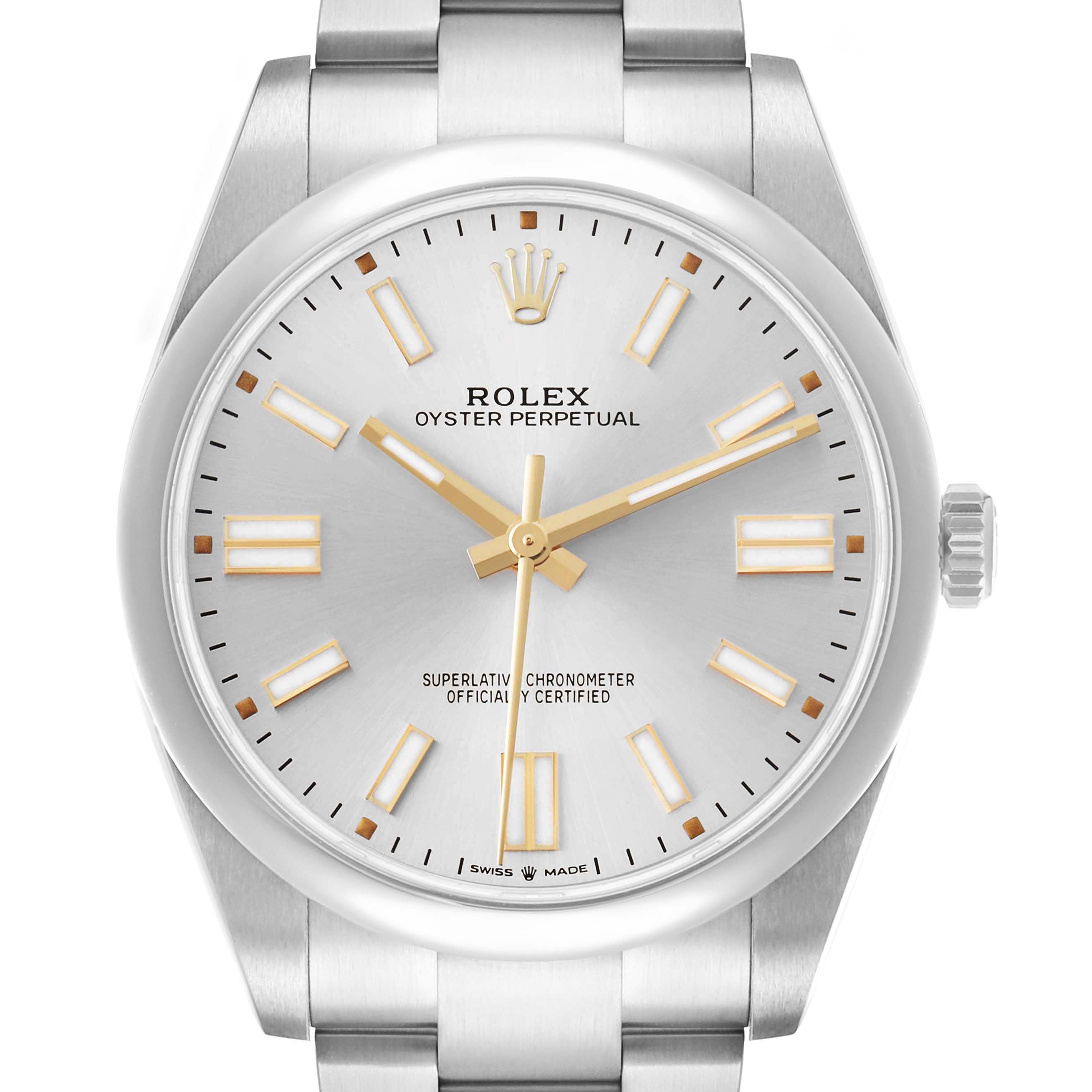 The image shows a frontal view of the Rolex Oyster Perpetual 124300 Men
s Stainless Steel Silver Dial watch, displaying its dial, hands, crown, and part of the bracelet.