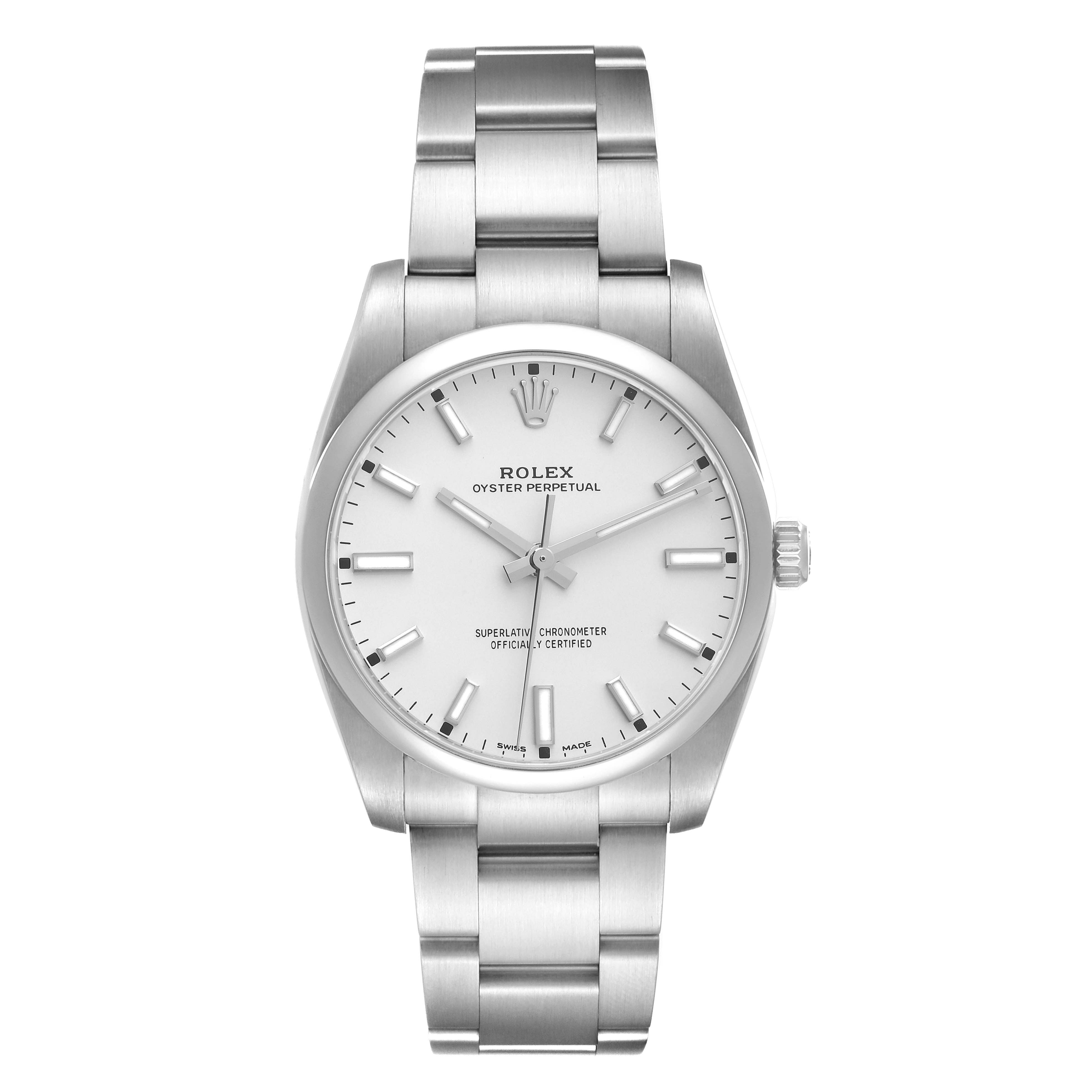 This image shows a front view of a Rolex Oyster Perpetual 114200 Men's Stainless Steel White Dial 114200 Men's Stainless Steel White Dial watch, showcasing its dial, bezel, and bracelet.