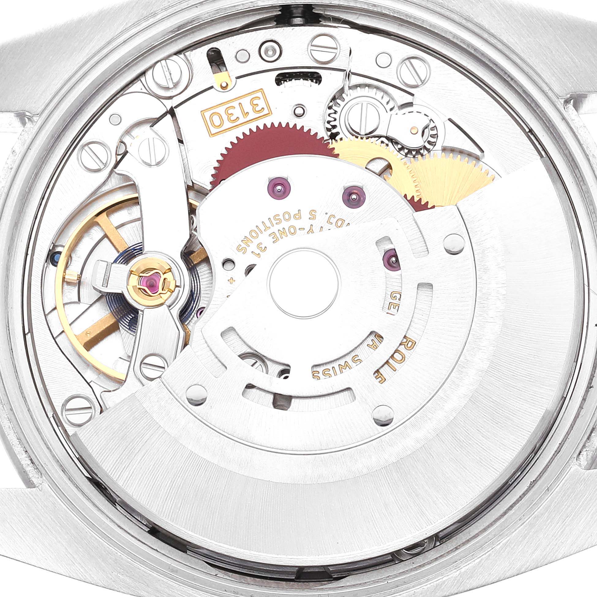 The image shows the inner mechanical movement parts of a Rolex Oyster Perpetual 114200 Men's Stainless Steel White Dial 114200 Men's Stainless Steel White Dial watch, viewed from its back.