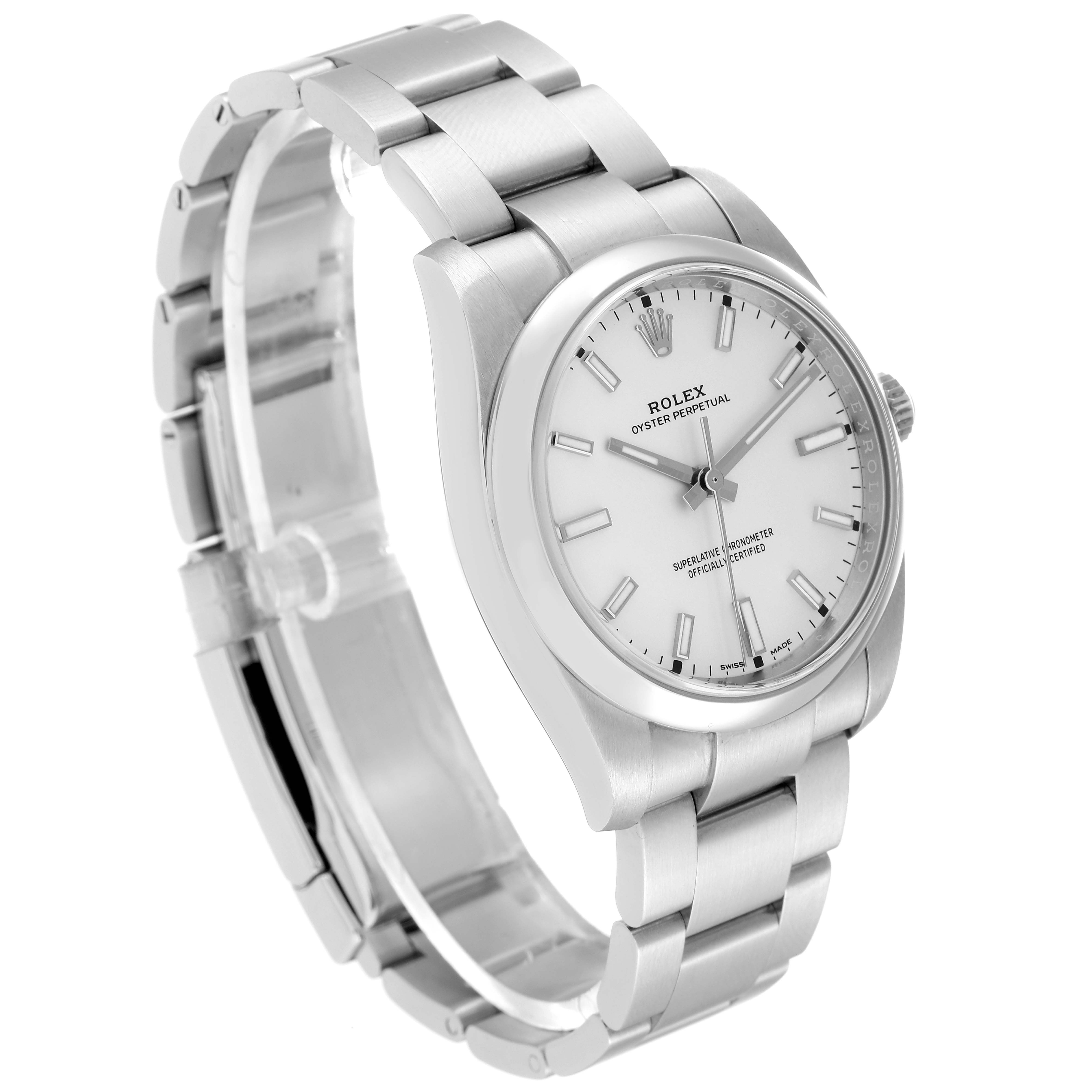 This image shows a Rolex Oyster Perpetual 114200 Men's Stainless Steel White Dial 114200 Men's Stainless Steel White Dial watch at a three-quarter angle, displaying the bracelet and dial.