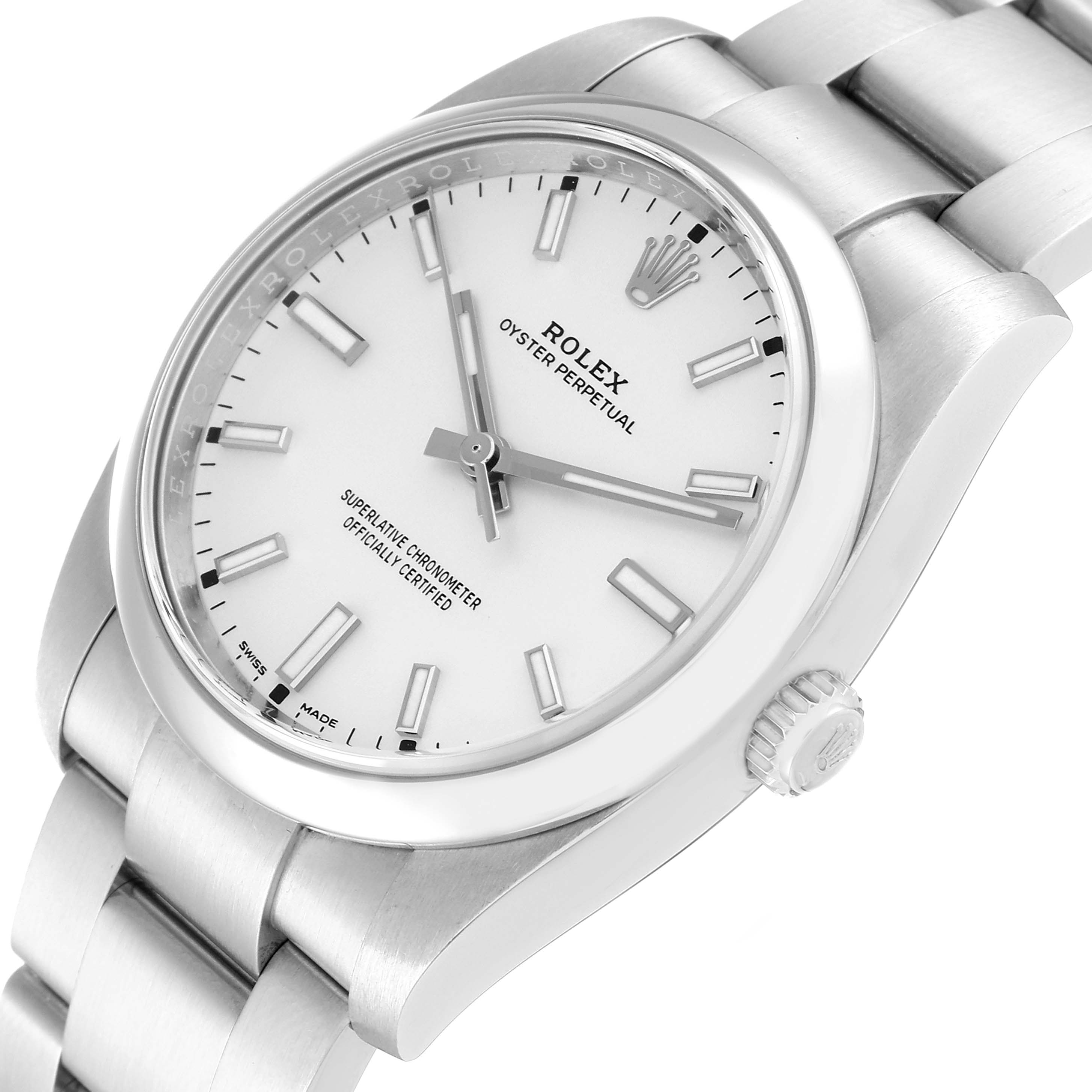 This image shows a side-angle view of a Rolex Oyster Perpetual 114200 Men's Stainless Steel White Dial 114200 Men's Stainless Steel White Dial watch, highlighting its face, bezel, crown, and part of the bracelet.
