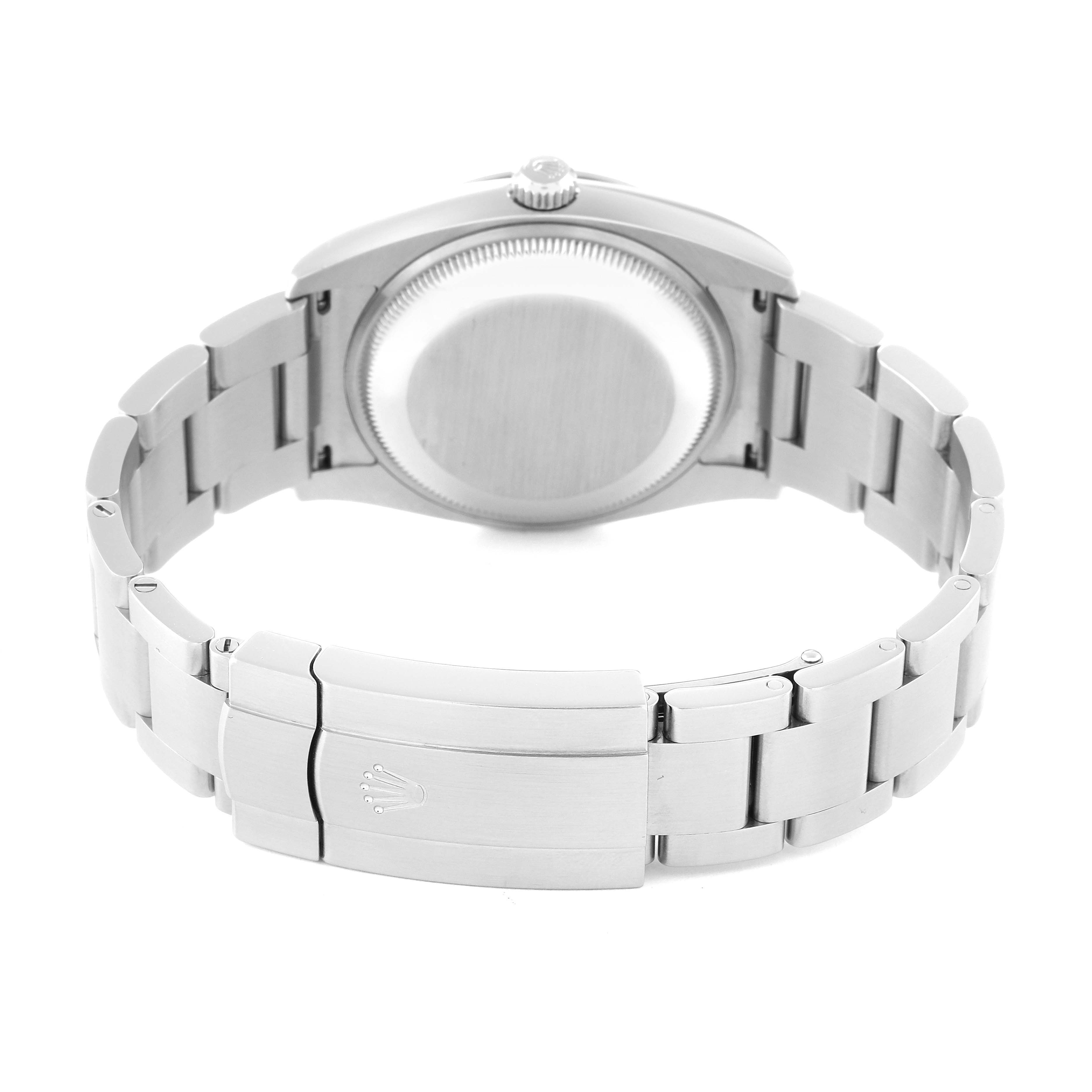 This image shows the backside and clasp of a Rolex Oyster Perpetual 114200 Men's Stainless Steel White Dial 114200 Men's Stainless Steel White Dial watch from a rear angle.