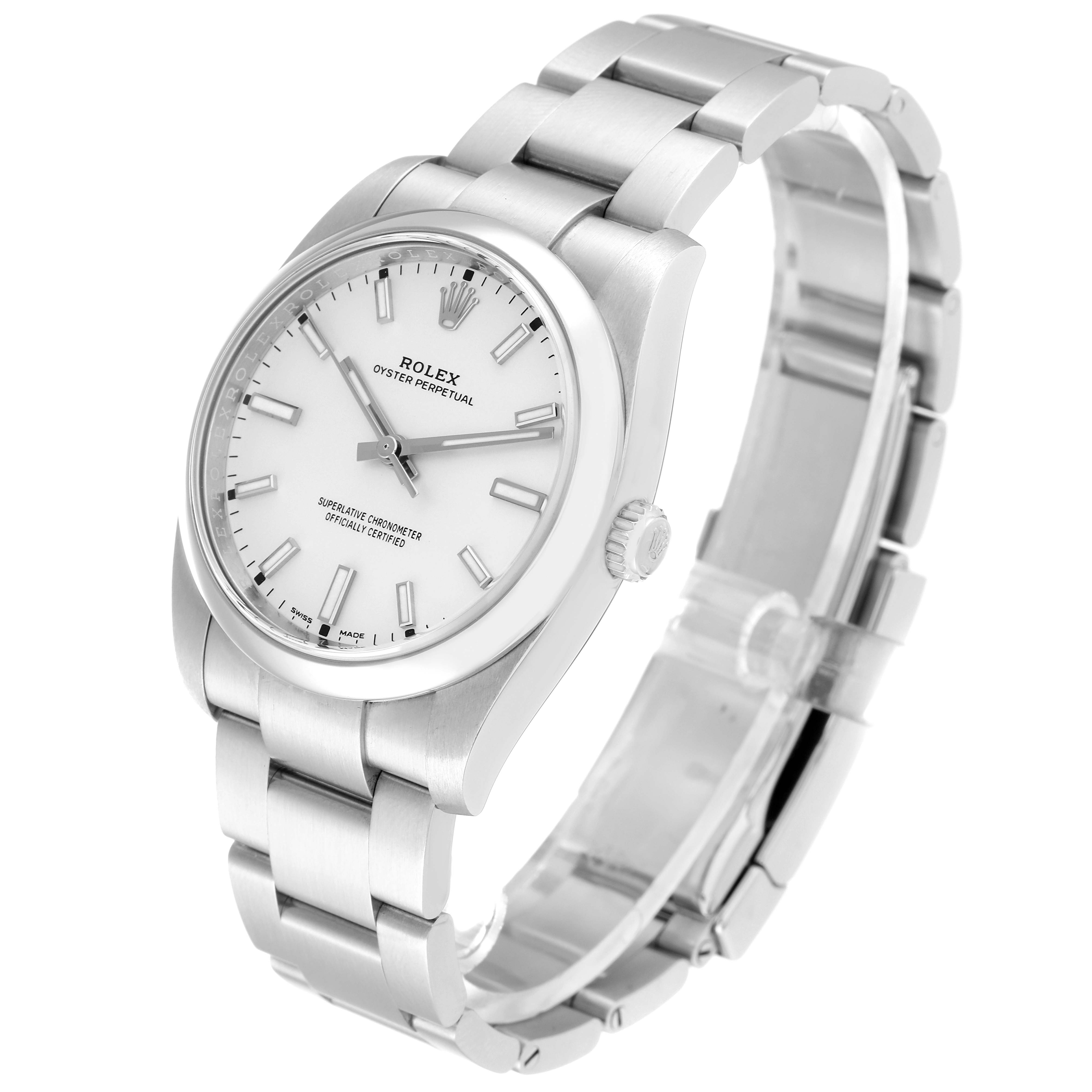 This Rolex Oyster Perpetual 114200 Men's Stainless Steel White Dial 114200 Men's Stainless Steel White Dial watch is shown at a front angle, clearly displaying its dial, bezel, case, crown, and bracelet.