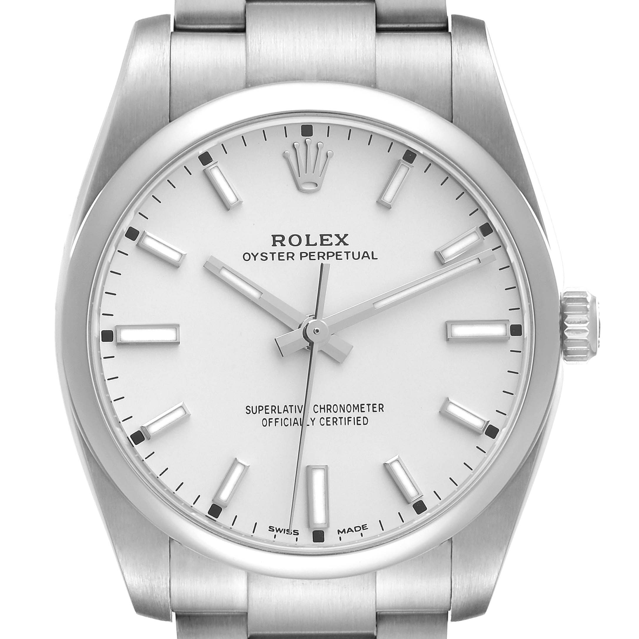 The image shows a front view of the Rolex Oyster Perpetual 114200 Men's Stainless Steel White Dial 114200 Men's Stainless Steel White Dial watch, highlighting its dial, crown, and part of the stainless steel bracelet.
