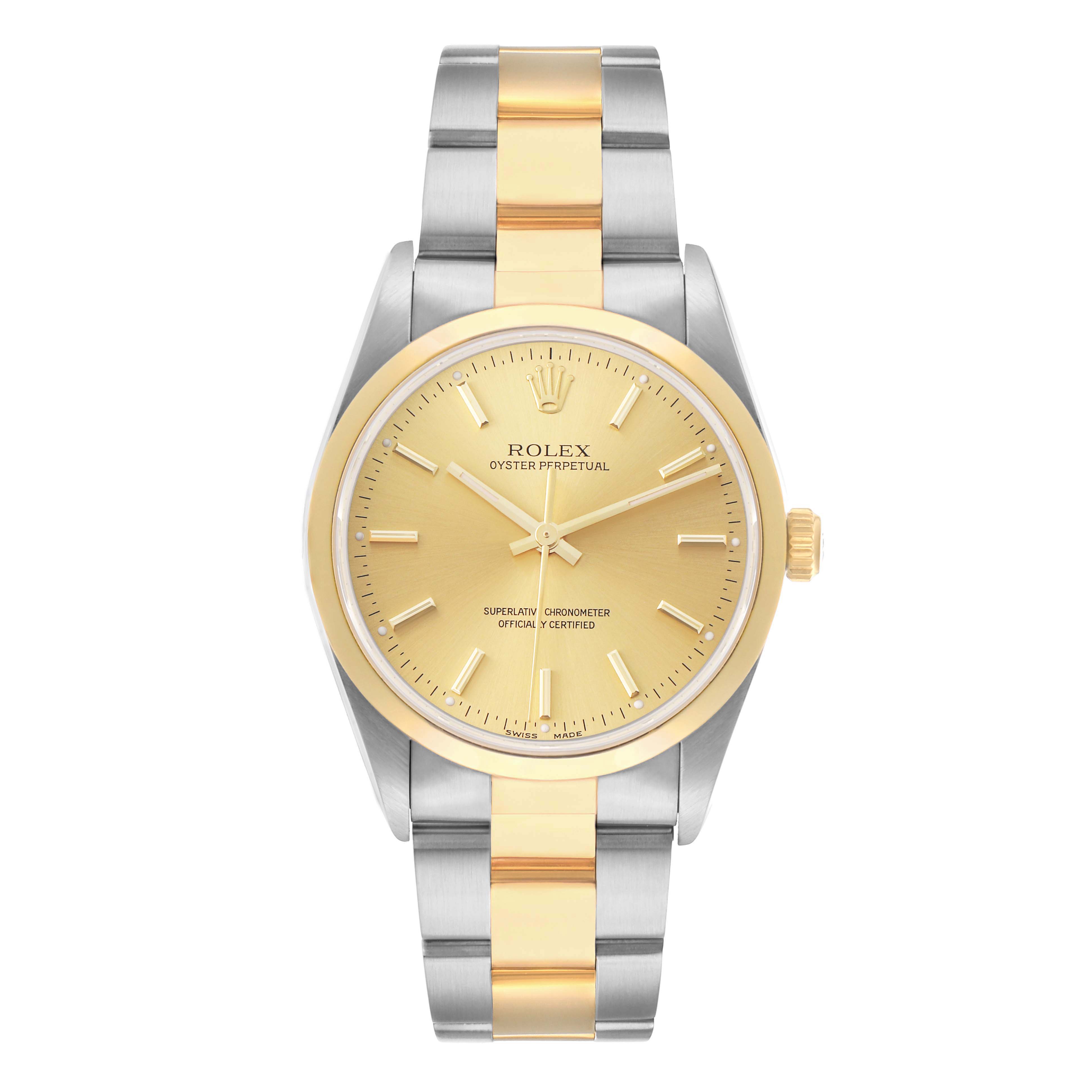 The Rolex Oyster Perpetual 14203 Men
s Steel and Gold (two tone) Champagne Dial watch is shown from a top-down view, displaying the face, bezel, and bracelet.