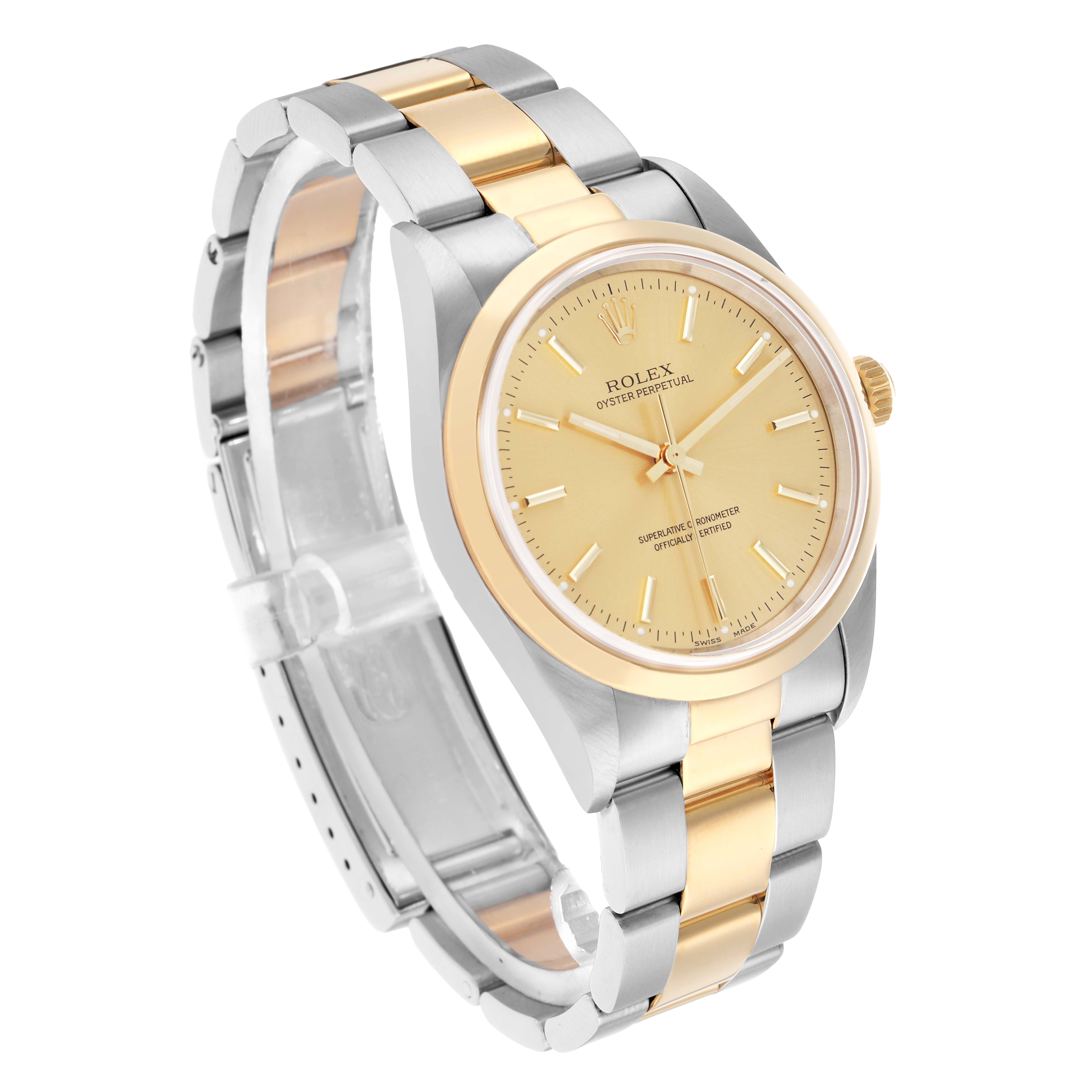 The Rolex Oyster Perpetual 14203 Men
s Steel and Gold (two tone) Champagne Dial watch is shown at an angled side view, displaying the two-tone bracelet and dial clearly.