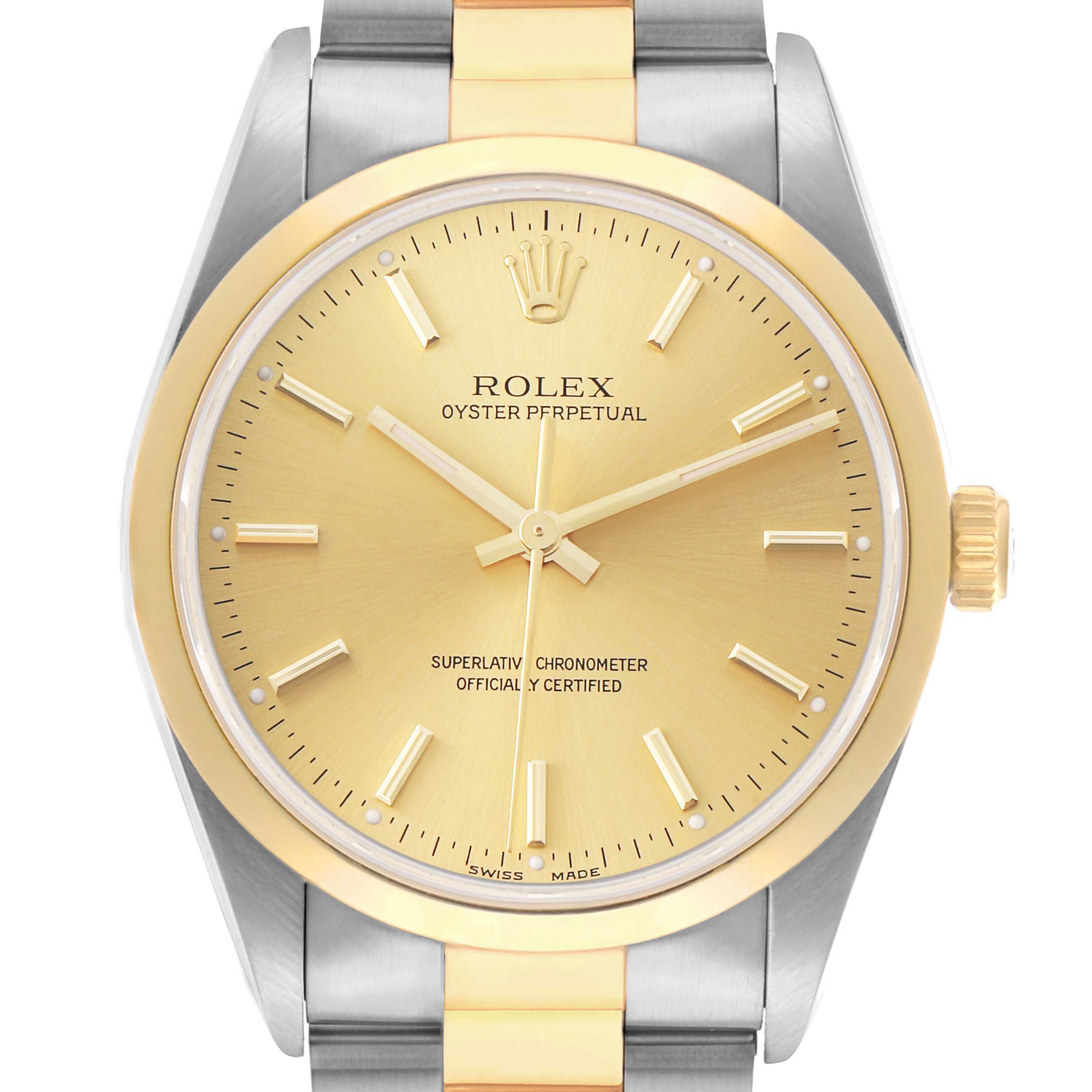 The Rolex Oyster Perpetual 14203 Men
s Steel and Gold (two tone) Champagne Dial watch is shown from the front, highlighting its gold dial, markers, and two-tone bracelet.