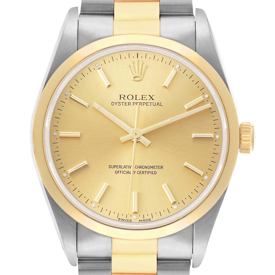 The Rolex Oyster Perpetual 14203 Men's Steel and Gold (two tone) Champagne Dial watch is shown from the front, highlighting its gold dial, markers, and two-tone bracelet.