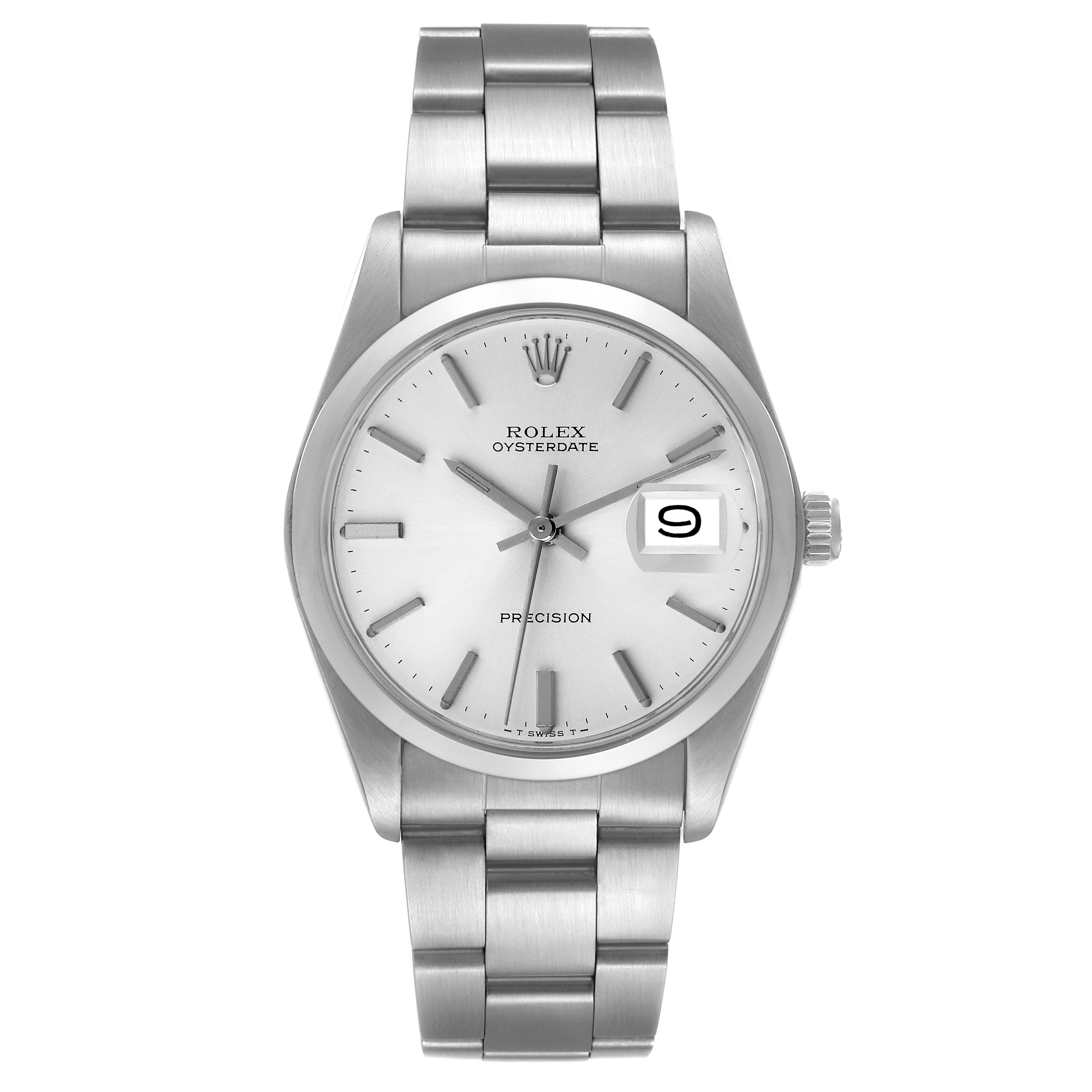 The image shows a frontal view of the Rolex Vintage Collection 6694 Men
s Stainless Steel Silver Dial 6694 Men
s Stainless Steel Silver Dial Oysterdate watch, highlighting the dial, bezel, bracelet, and date window.