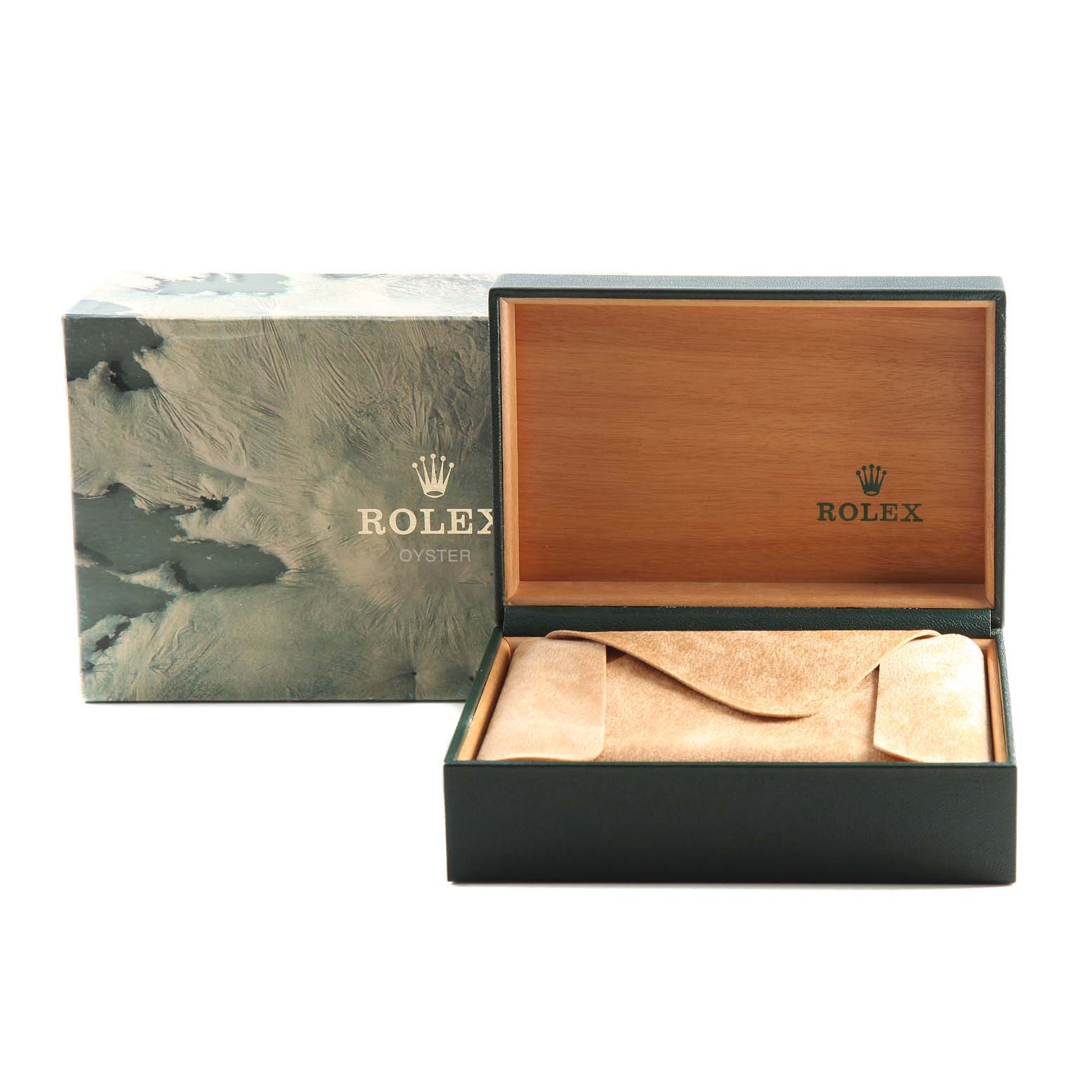 The image shows an open Rolex Vintage Collection 6694 Men
s Stainless Steel Silver Dial 6694 Men
s Stainless Steel Silver Dial watch box and an outer protective box from a front angle.