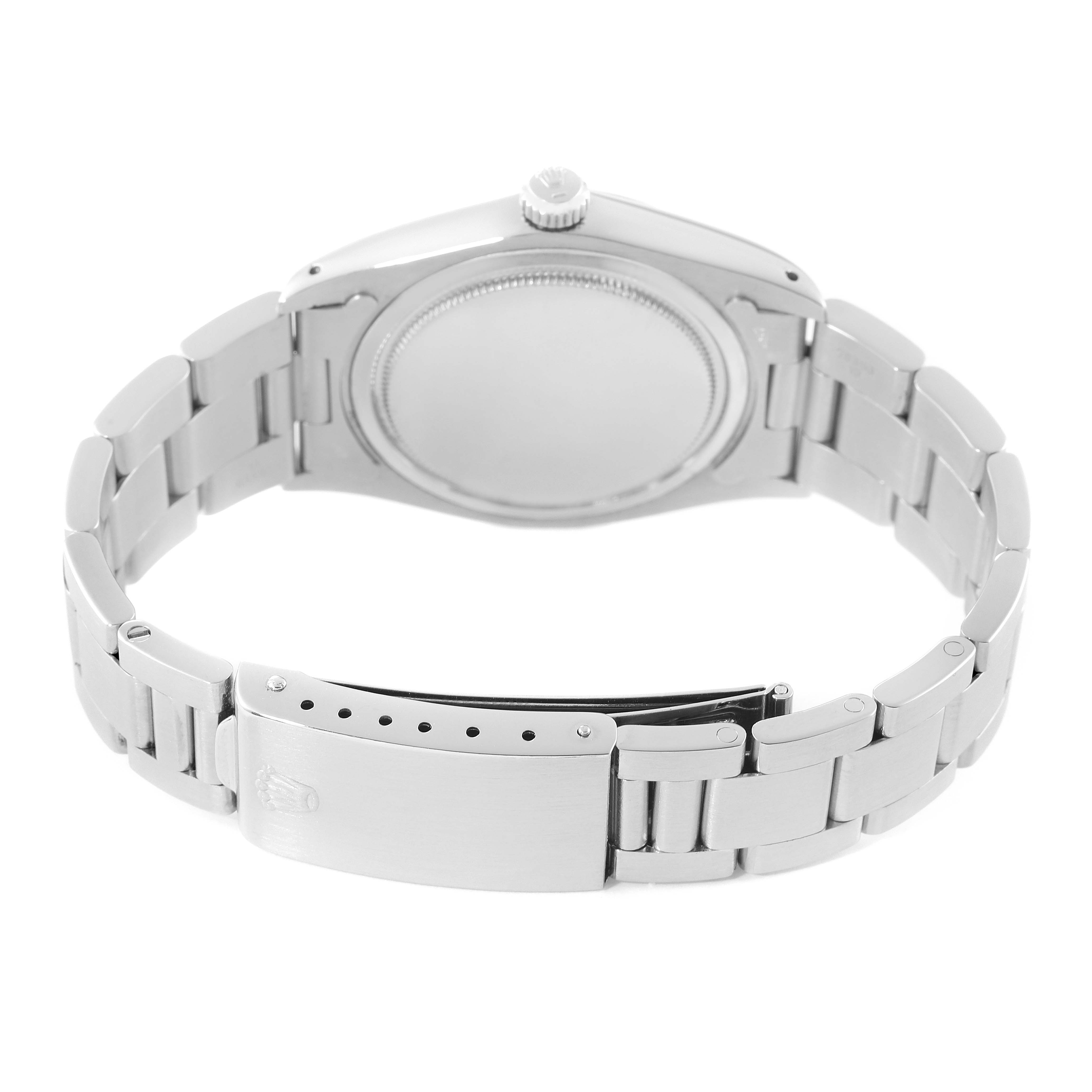 This image shows a rear view of the Rolex Vintage Collection 6694 Men
s Stainless Steel Silver Dial 6694 Men
s Stainless Steel Silver Dial watch, highlighting its back case, crown, and bracelet clasp.