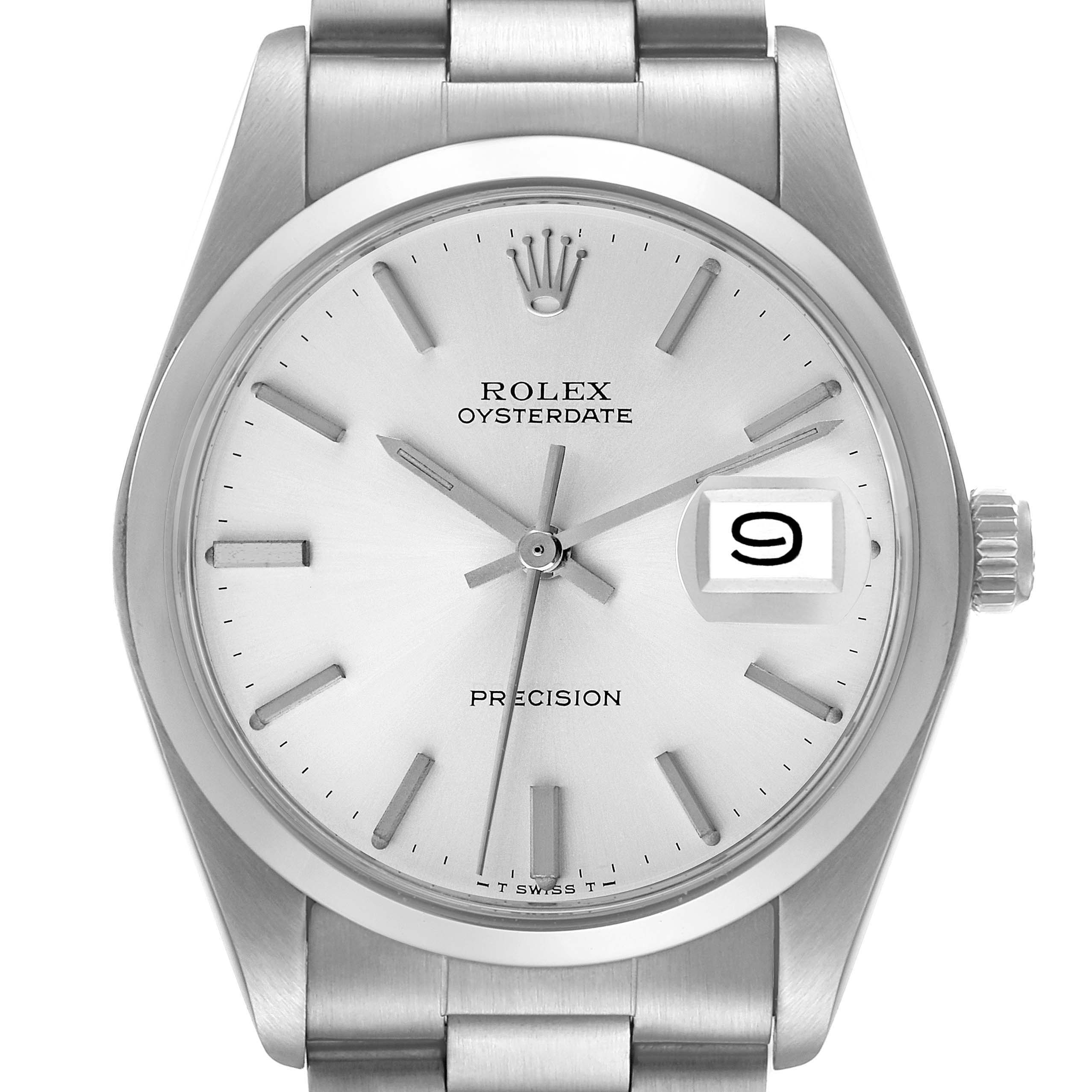 The image shows a front view of a Rolex Vintage Collection 6694 Men
s Stainless Steel Silver Dial 6694 Men
s Stainless Steel Silver Dial Oysterdate watch, highlighting the dial, hands, date window, and bracelet.