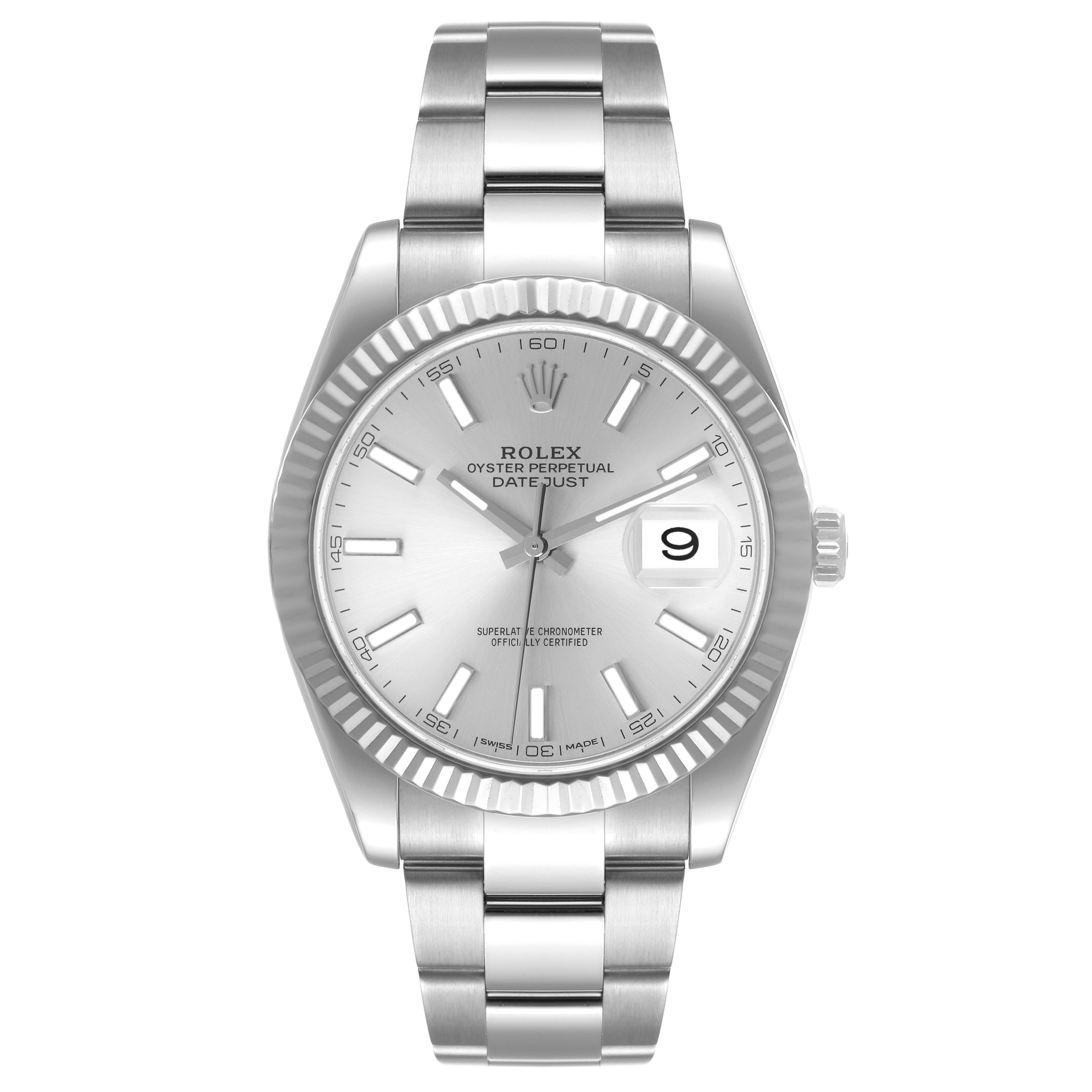 The image shows a front view of the Rolex Datejust 41 126334 Men's Stainless Steel Silver Dial 126334 Men's Stainless Steel Silver Dial, highlighting the watch face, bezel, and bracelet.