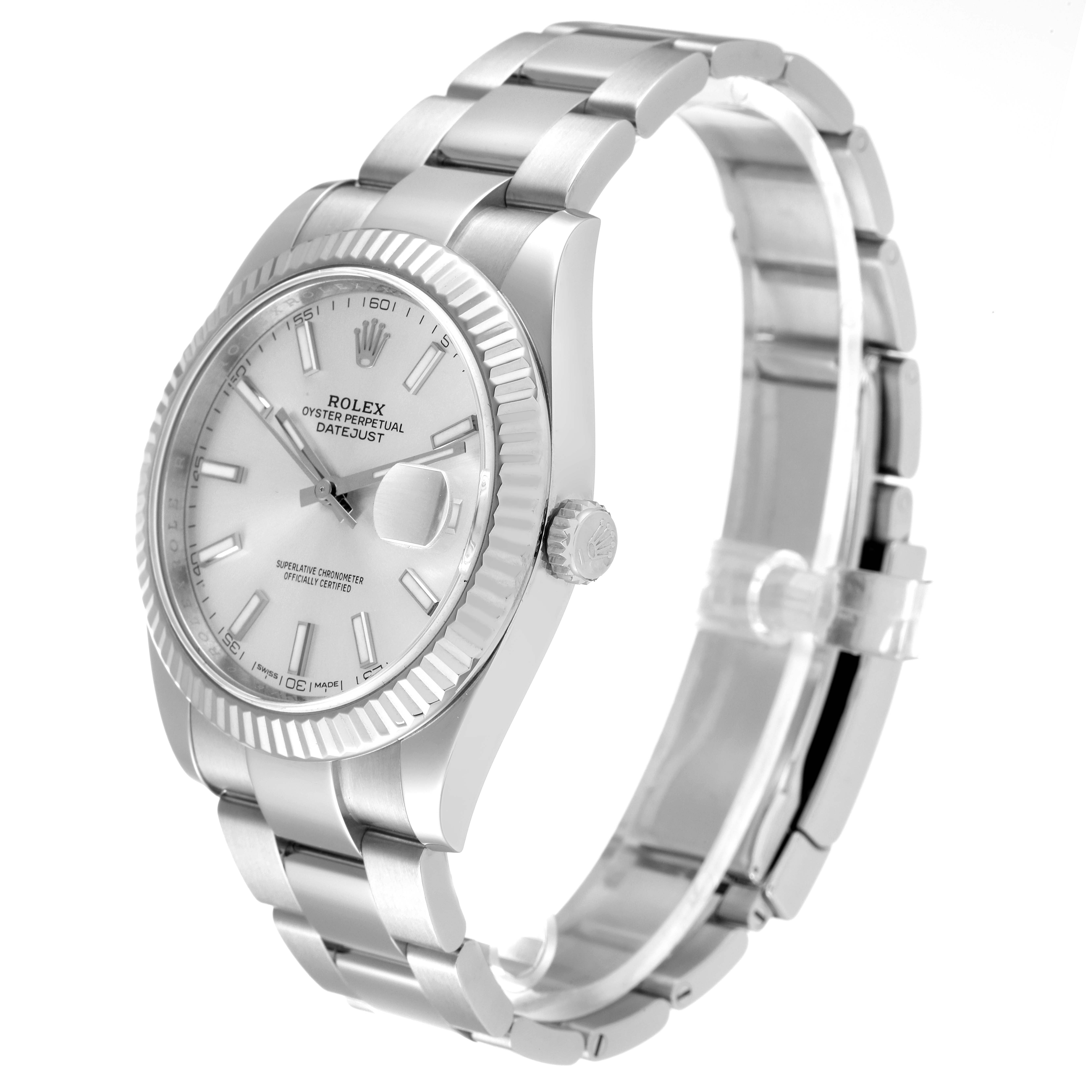 The image shows a Rolex Datejust 41 126334 Men's Stainless Steel Silver Dial 126334 Men's Stainless Steel Silver Dial watch from a front-side angle displaying its face, bezel, case, and stainless steel bracelet.