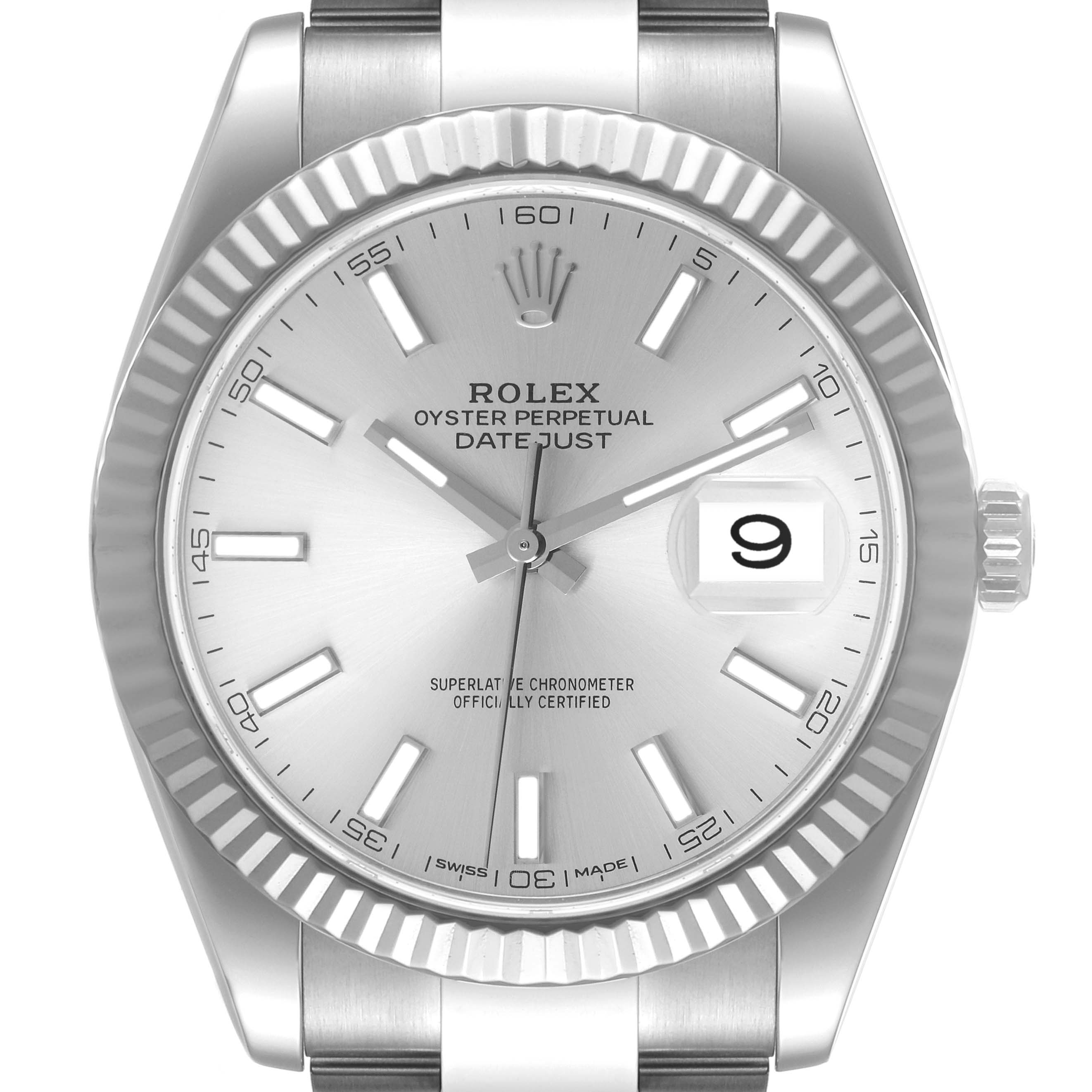 This image shows a front view of the Rolex Datejust 41 126334 Men's Stainless Steel Silver Dial 126334 Men's Stainless Steel Silver Dial watch, highlighting the dial, hands, date window, and fluted bezel.