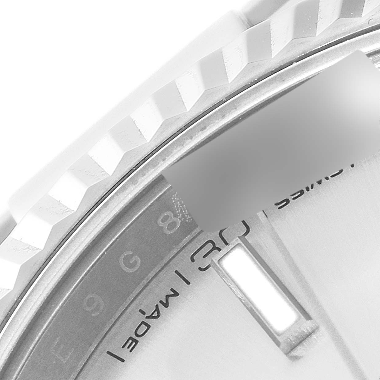 The image shows a close-up of the dial, bezel, and part of the index marker of a Rolex Datejust 41 126334 Men's Stainless Steel Silver Dial 126334 Men's Stainless Steel Silver Dial watch.