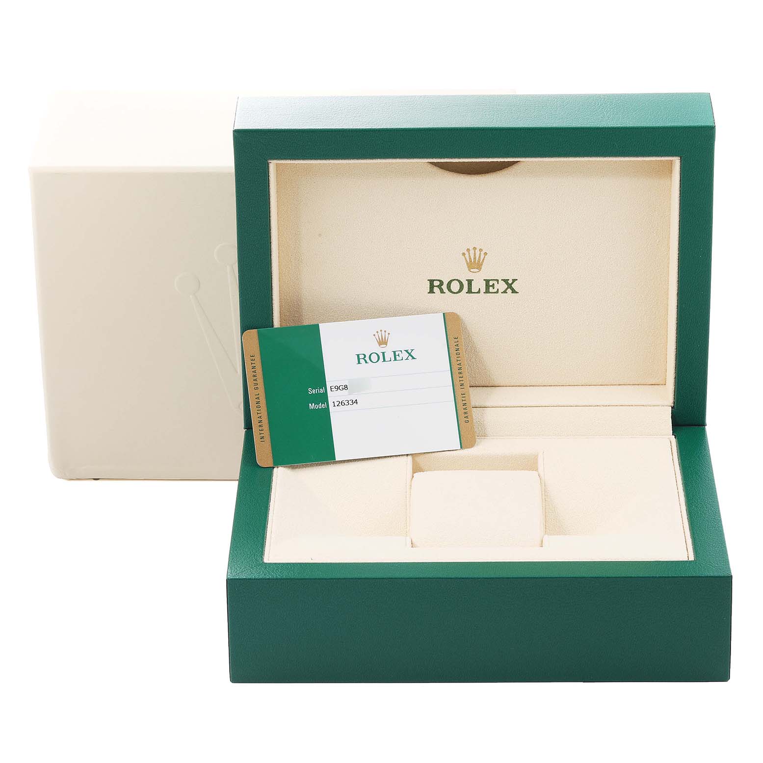 The image shows the open box and warranty card of a Rolex Datejust 41 126334 Men's Stainless Steel Silver Dial 126334 Men's Stainless Steel Silver Dial, model 126334.