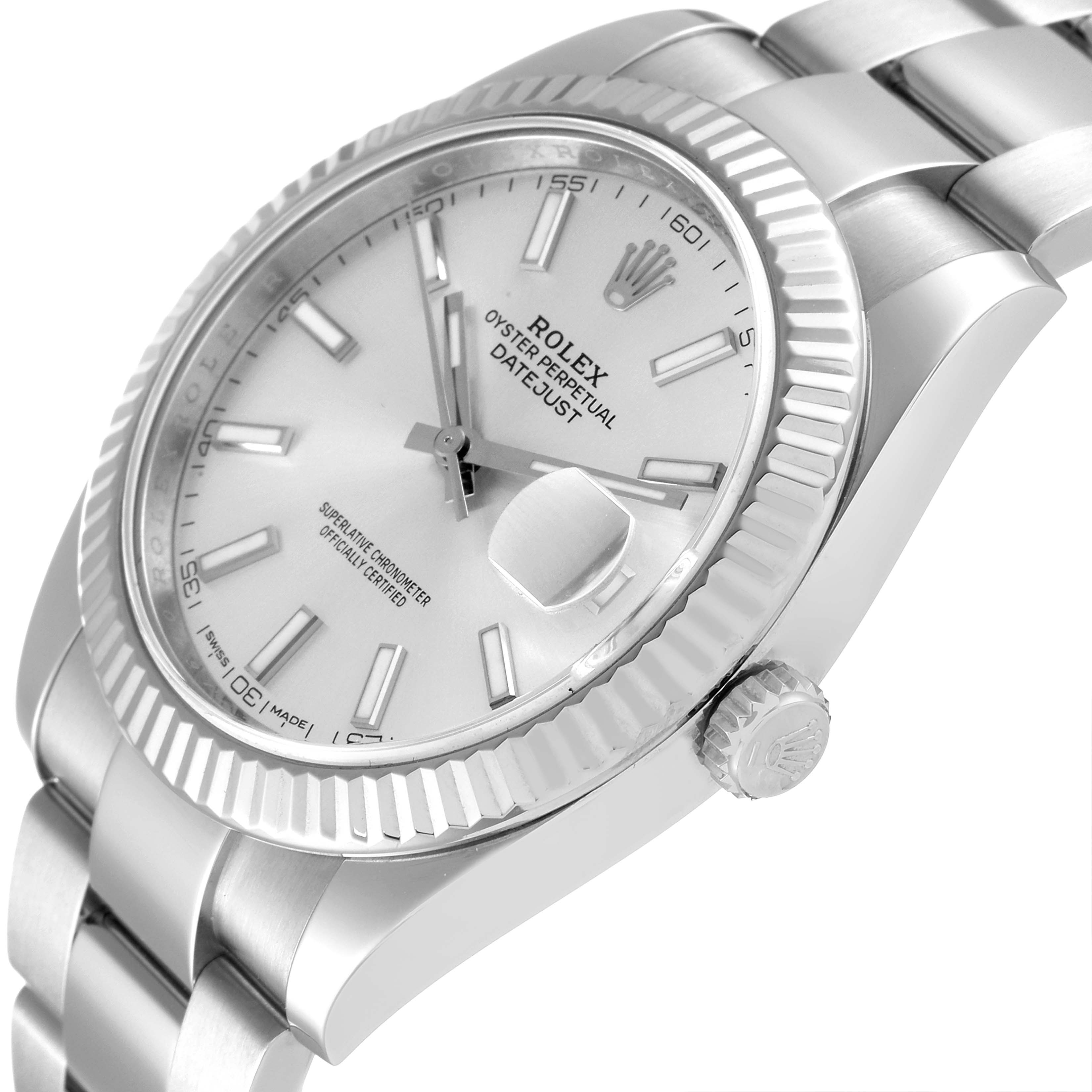 The image shows a close-up of the Rolex Datejust 41 126334 Men's Stainless Steel Silver Dial 126334 Men's Stainless Steel Silver Dial watch, highlighting the dial, bezel, crown, and part of the bracelet.