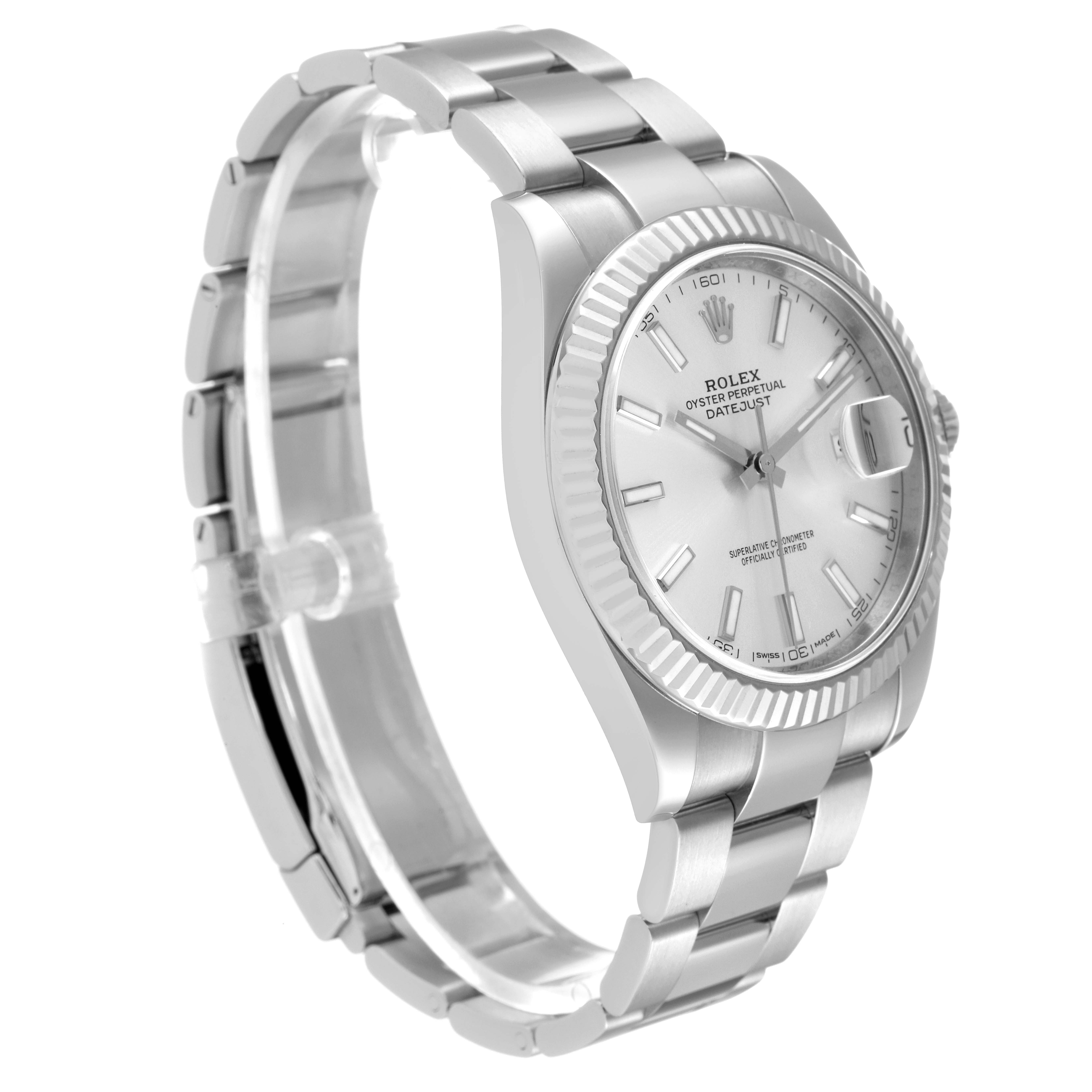 The image shows a side angle of a Rolex Datejust 41 126334 Men's Stainless Steel Silver Dial 126334 Men's Stainless Steel Silver Dial watch, highlighting its silver bracelet, fluted bezel, and dial.