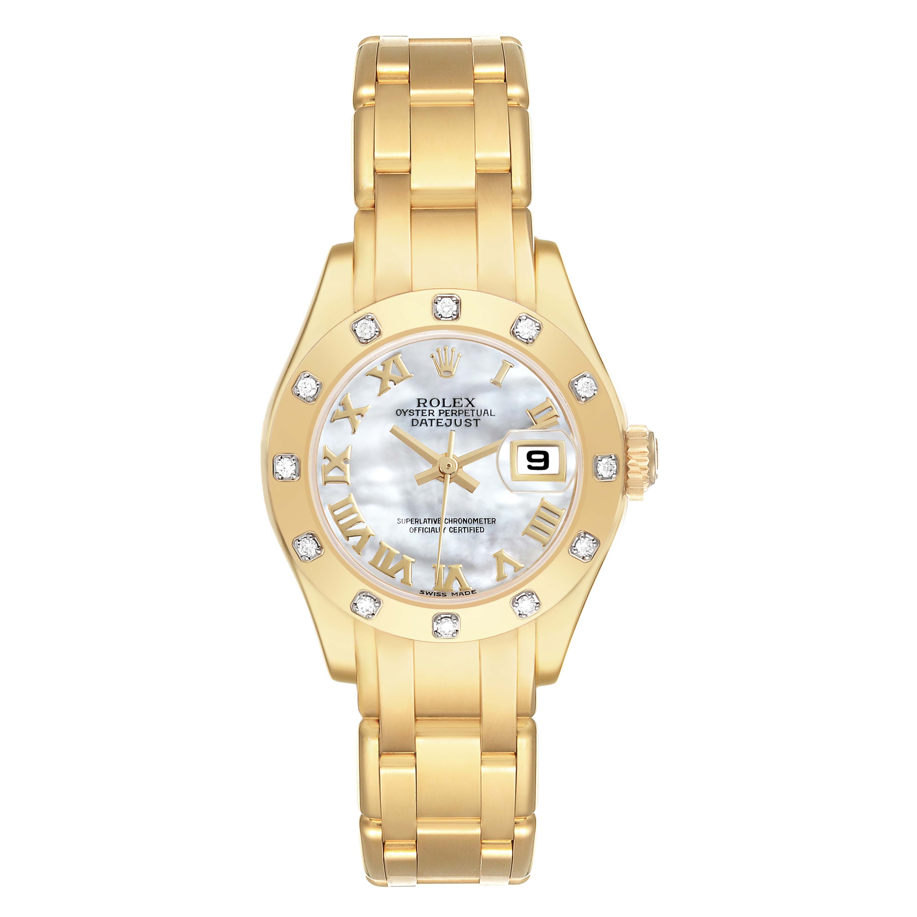 The Rolex Pearlmaster 80318 Women's Yellow Gold Mother of Pearl Dial 80318 Women's Yellow Gold Mother of Pearl Dial watch is shown from a top-down angle, highlighting the face, bezel, and part of the bracelet.