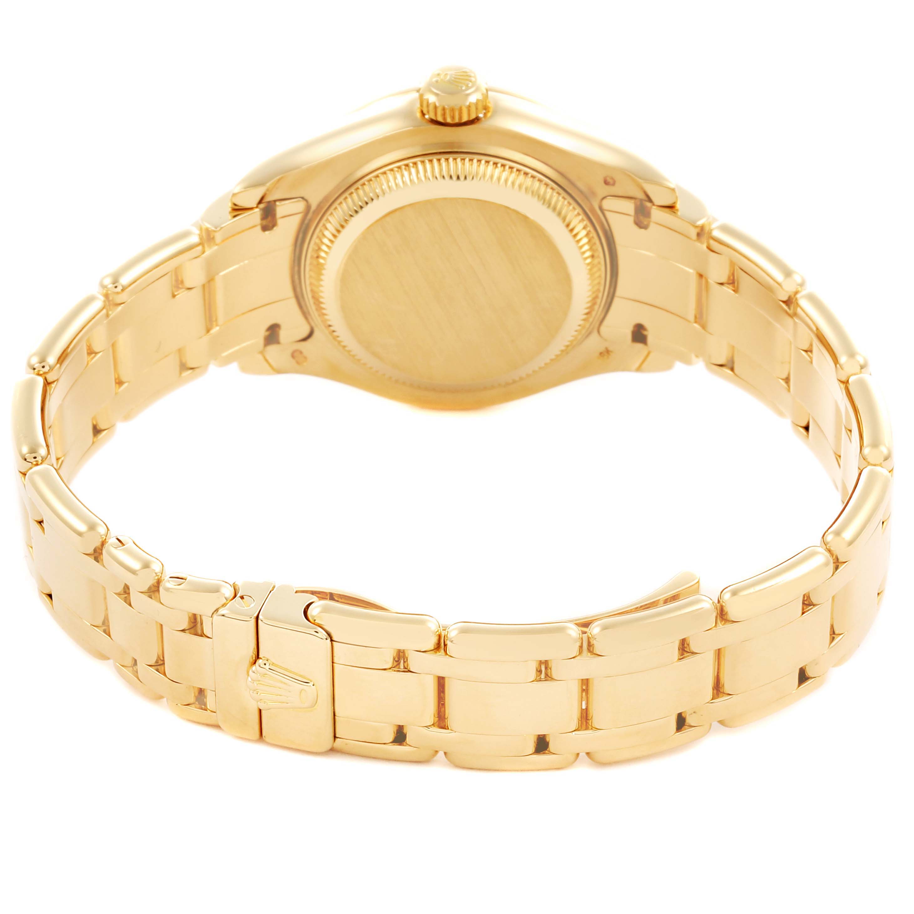 The Rolex Pearlmaster 80318 Women's Yellow Gold Mother of Pearl Dial 80318 Women's Yellow Gold Mother of Pearl Dial watch is shown from the back, highlighting the case back and bracelet.