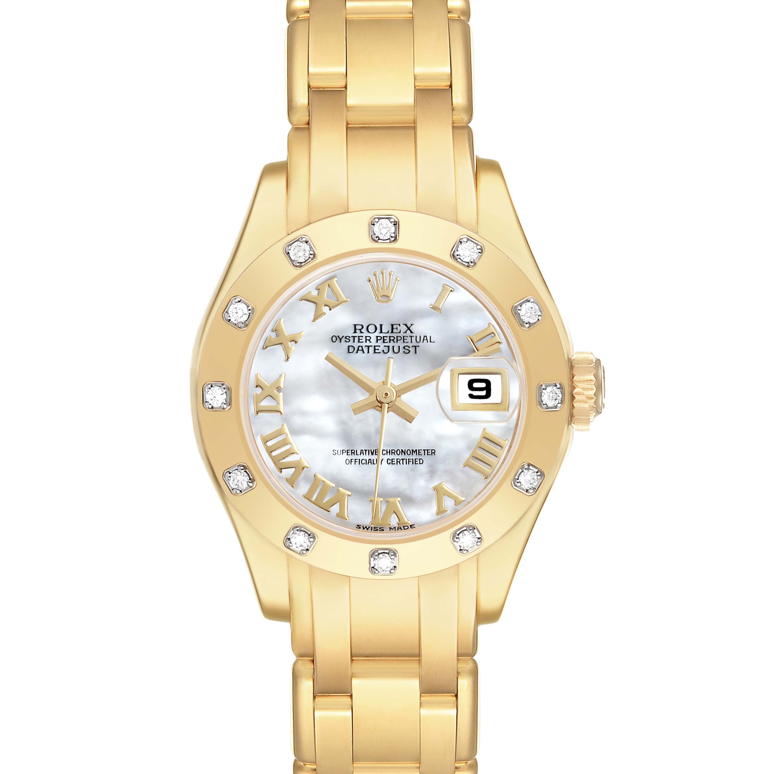 The Rolex Pearlmaster 80318 Women's Yellow Gold Mother of Pearl Dial 80318 Women's Yellow Gold Mother of Pearl Dial watch is shown from the front, featuring its face, bezel, and part of the bracelet.